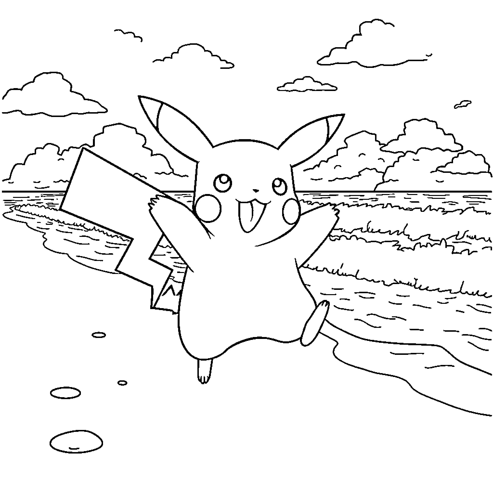 Pikachu enjoying the scenery at the beach Coloring Page (free black-and-white line drawing printable PDF for all, from beginners to advanced learners, including children, teens, adults, and seniors)
