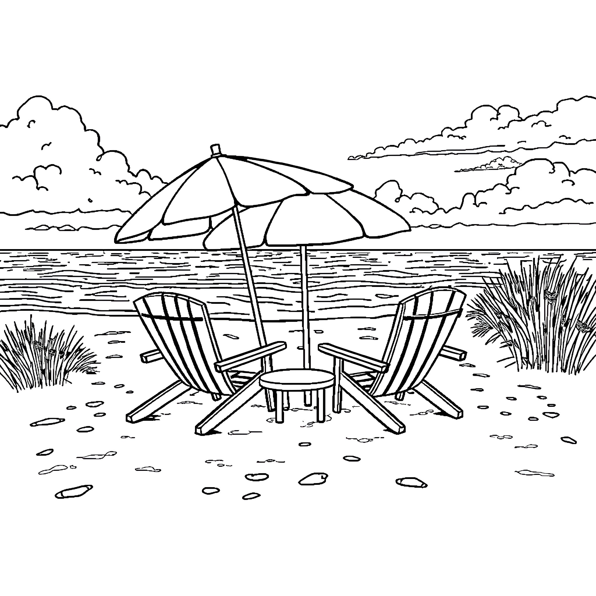 Grace relaxing at the beach with umbrella and chairs Coloring Page (free black-and-white line drawing printable PDF for all, from beginners to advanced learners, including children, teens, adults, and seniors)