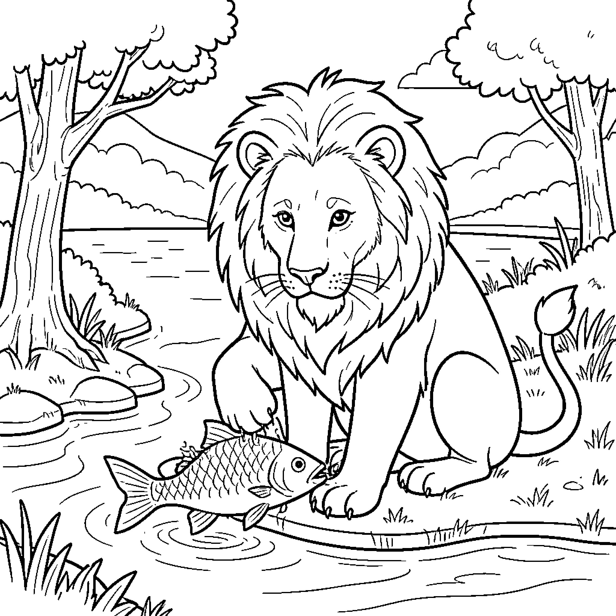 Lion hunting for fish in the wild landscape Coloring Page (free black-and-white line drawing printable PDF for all, from beginners to advanced learners, including children, teens, adults, and seniors)