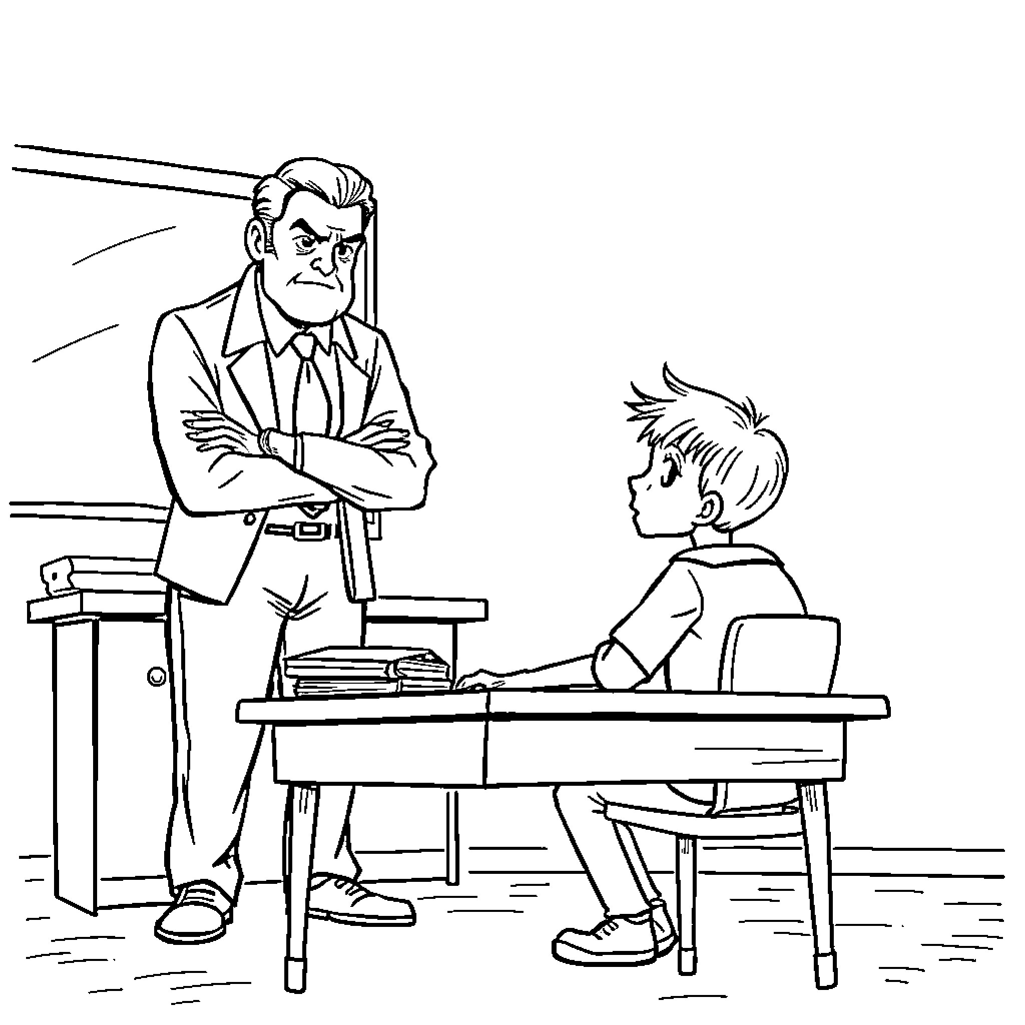 Student meeting with stern teacher in classroom Coloring Page (free black-and-white line drawing printable PDF for all, from beginners to advanced learners, including children, teens, adults, and seniors)