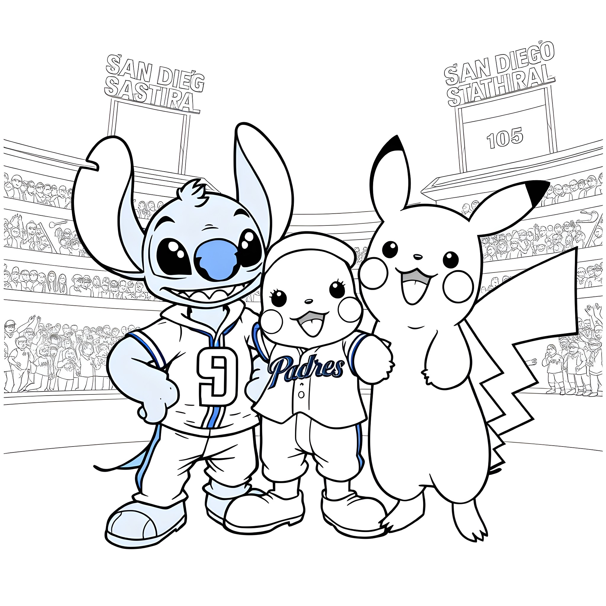 Stitch, Pikachu, and Padres character mascots at San Diego festival Coloring Page (free black-and-white line drawing printable PDF for all, from beginners to advanced learners, including children, teens, adults, and seniors)