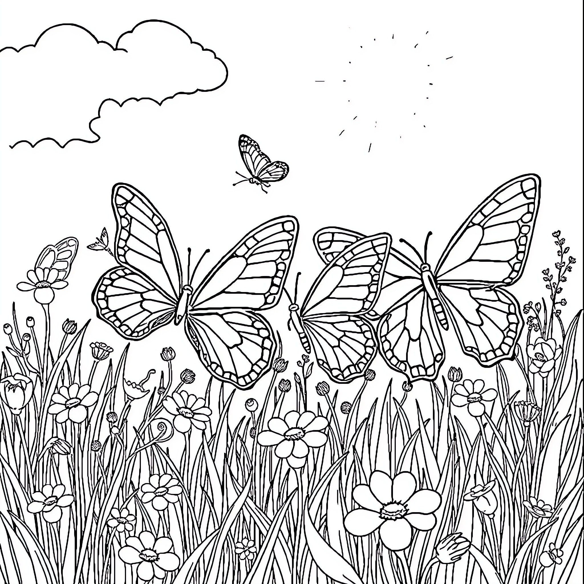 Butterfly Meadow Filled with Vibrant Creatures Coloring Page (free black-and-white line drawing printable PDF for all, from beginners to advanced learners, including children, teens, adults, and seniors)