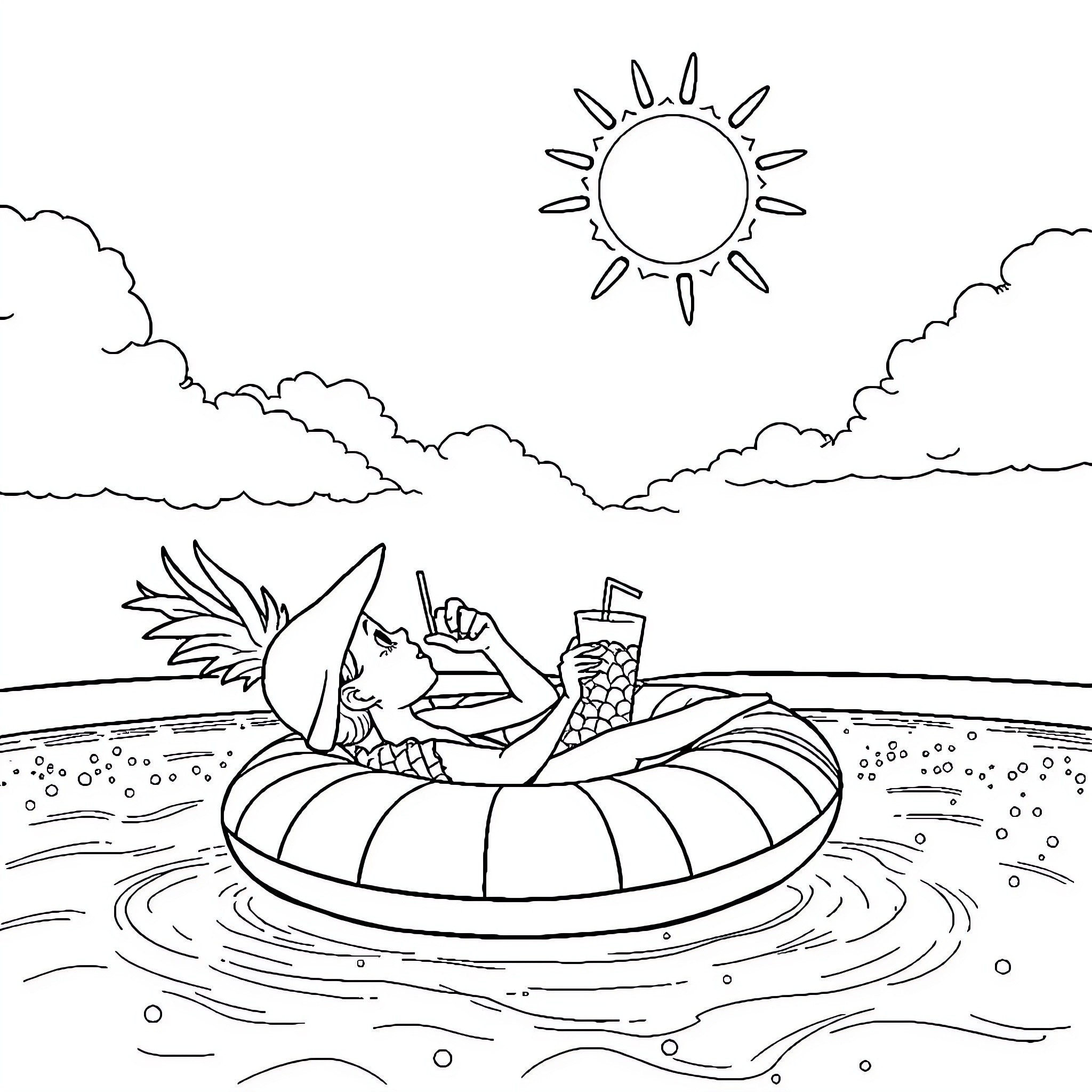 Sun shining on swimmer relaxing in inner tube Coloring Page (free black-and-white line drawing printable PDF for all, from beginners to advanced learners, including children, teens, adults, and seniors)