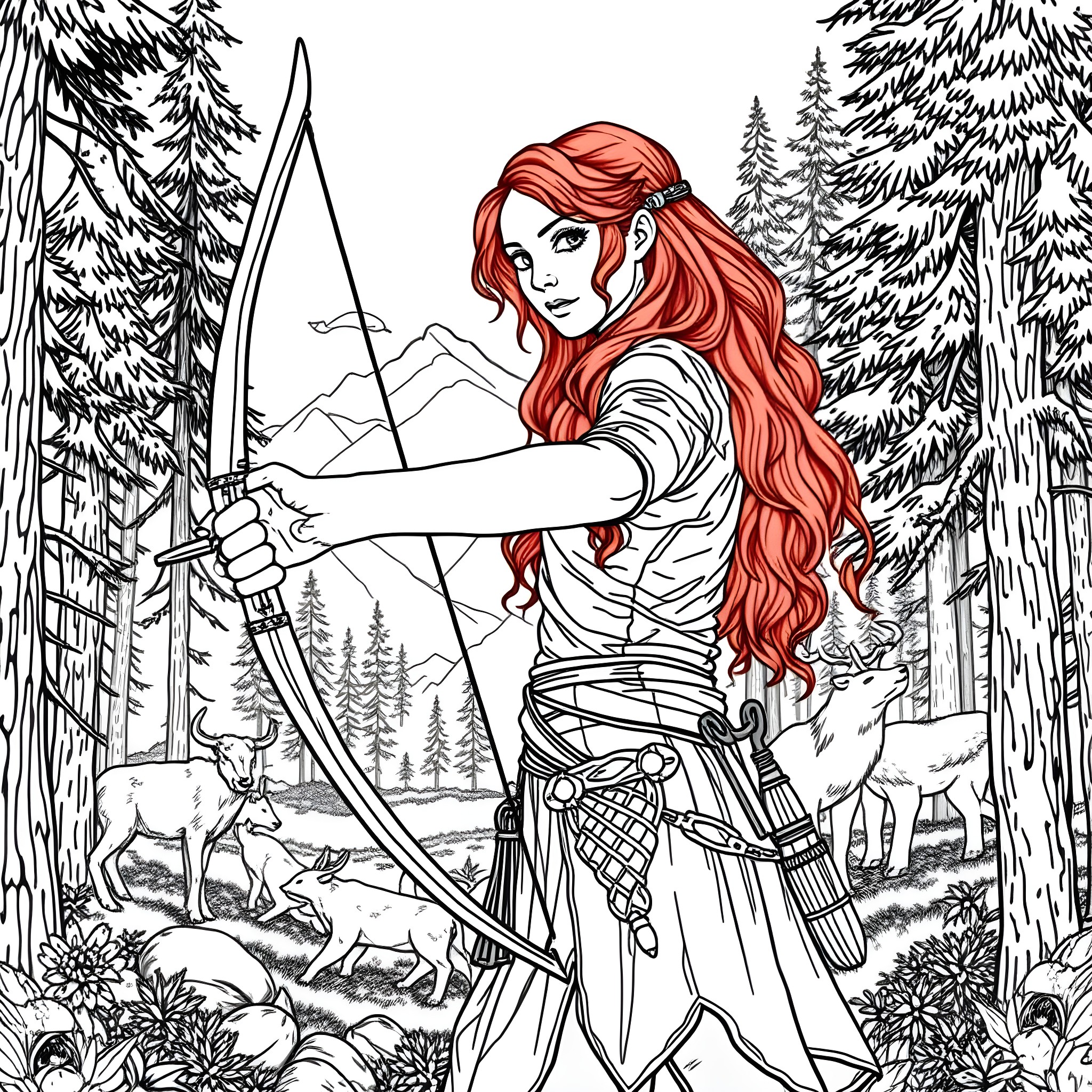 Merida, the Brave Archer Exploring the Enchanted Forest Coloring Page (free black-and-white line drawing printable PDF for all, from beginners to advanced learners, including children, teens, adults, and seniors)