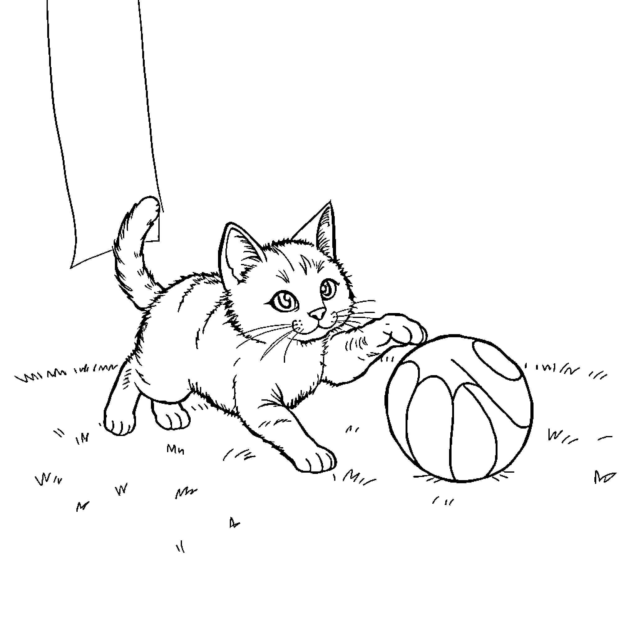 Cat playing with a colorful ball Coloring Page (free black-and-white line drawing printable PDF for all, from beginners to advanced learners, including children, teens, adults, and seniors)