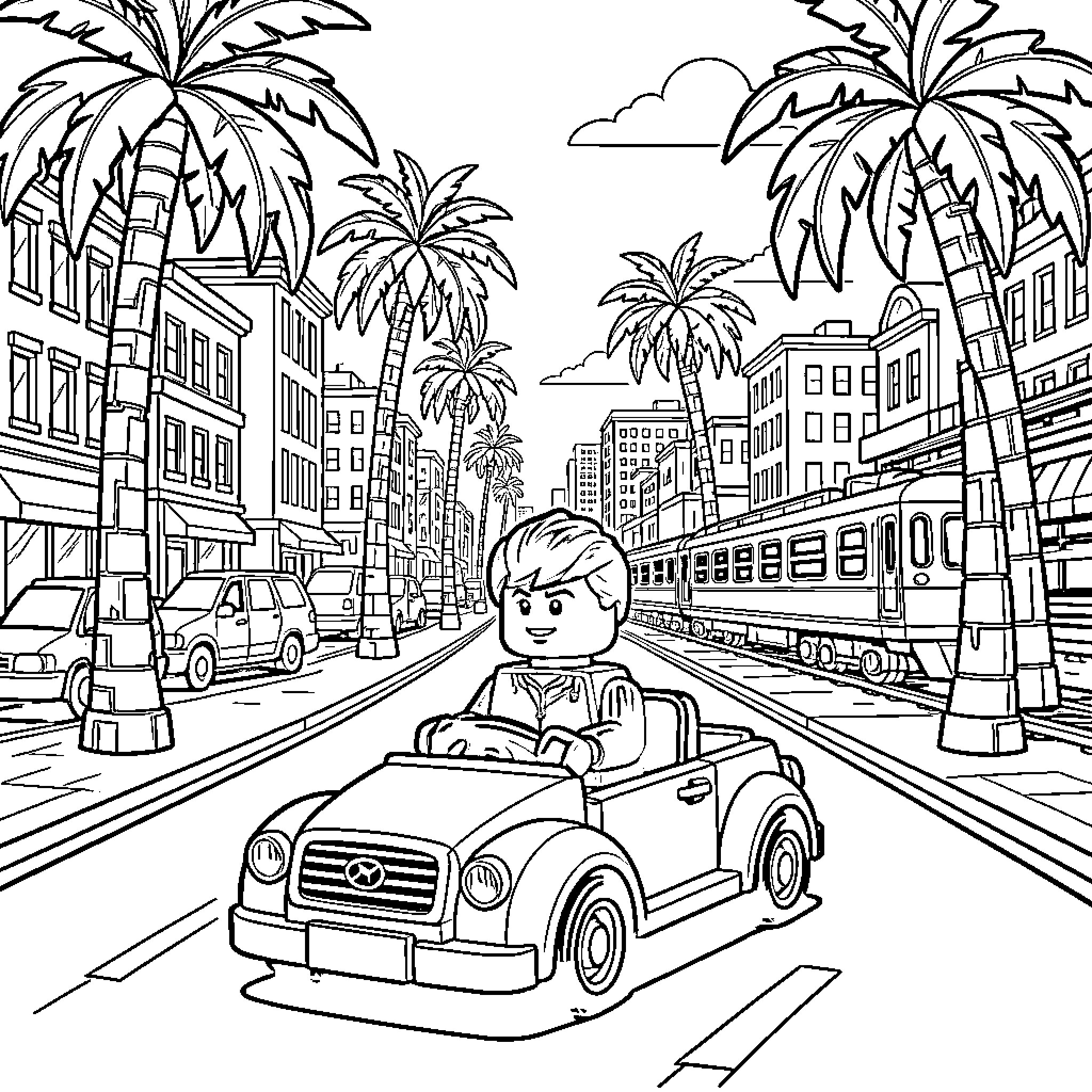 Lego figure driving vintage car on city street Coloring Page (free black-and-white line drawing printable PDF for all, from beginners to advanced learners, including children, teens, adults, and seniors)