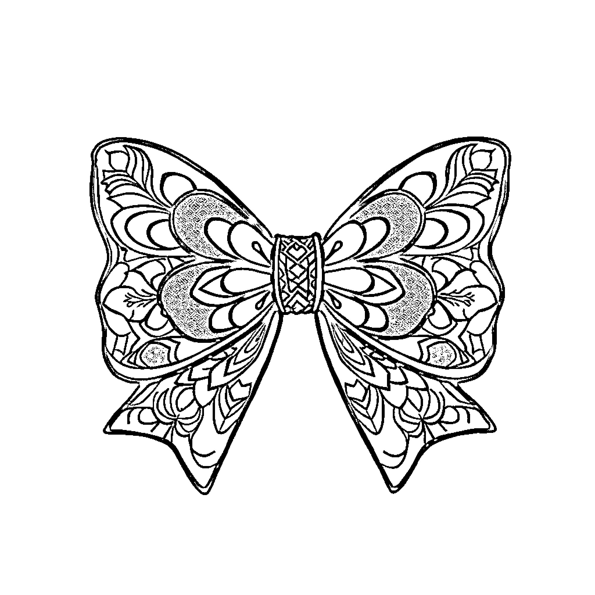 Bow of intricate butterfly design Coloring Page (free black-and-white line drawing printable PDF for all, from beginners to advanced learners, including children, teens, adults, and seniors)