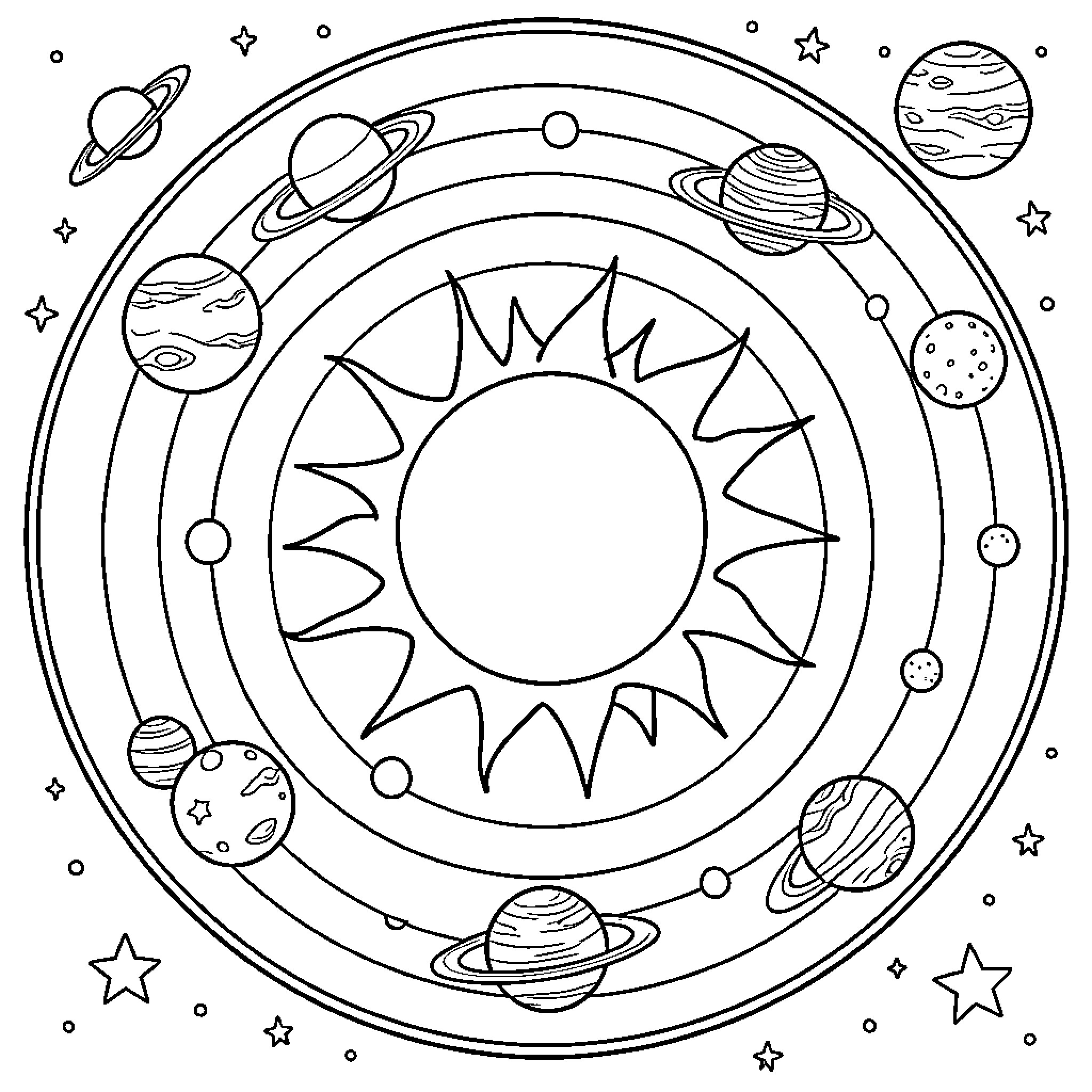Planet orbits revolving around a bright central sun Coloring Page (free black-and-white line drawing printable PDF for all, from beginners to advanced learners, including children, teens, adults, and seniors)