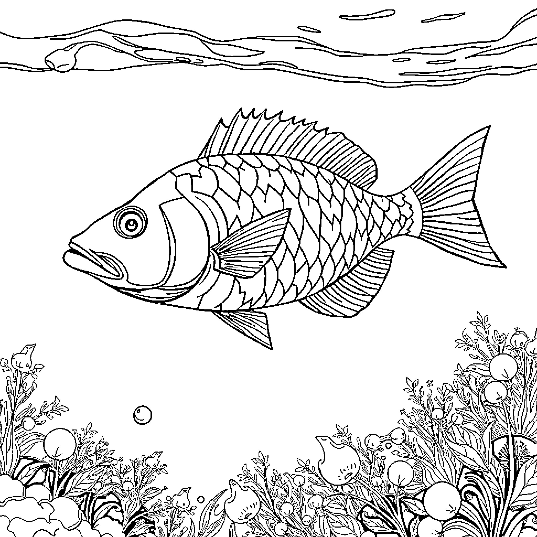Fish swimming amidst underwater vegetation Coloring Page (free black-and-white line drawing printable PDF for all, from beginners to advanced learners, including children, teens, adults, and seniors)