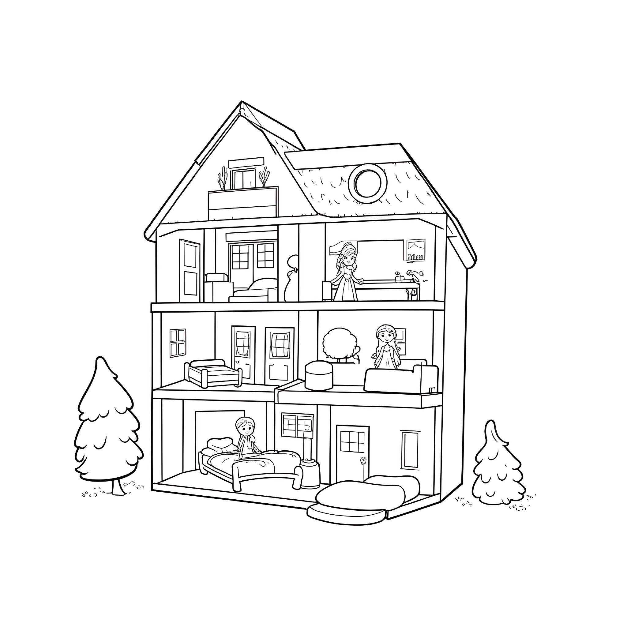 Dollhouse with Miniature Figures in Various Rooms Coloring Page (free black-and-white line drawing printable PDF for all, from beginners to advanced learners, including children, teens, adults, and seniors)