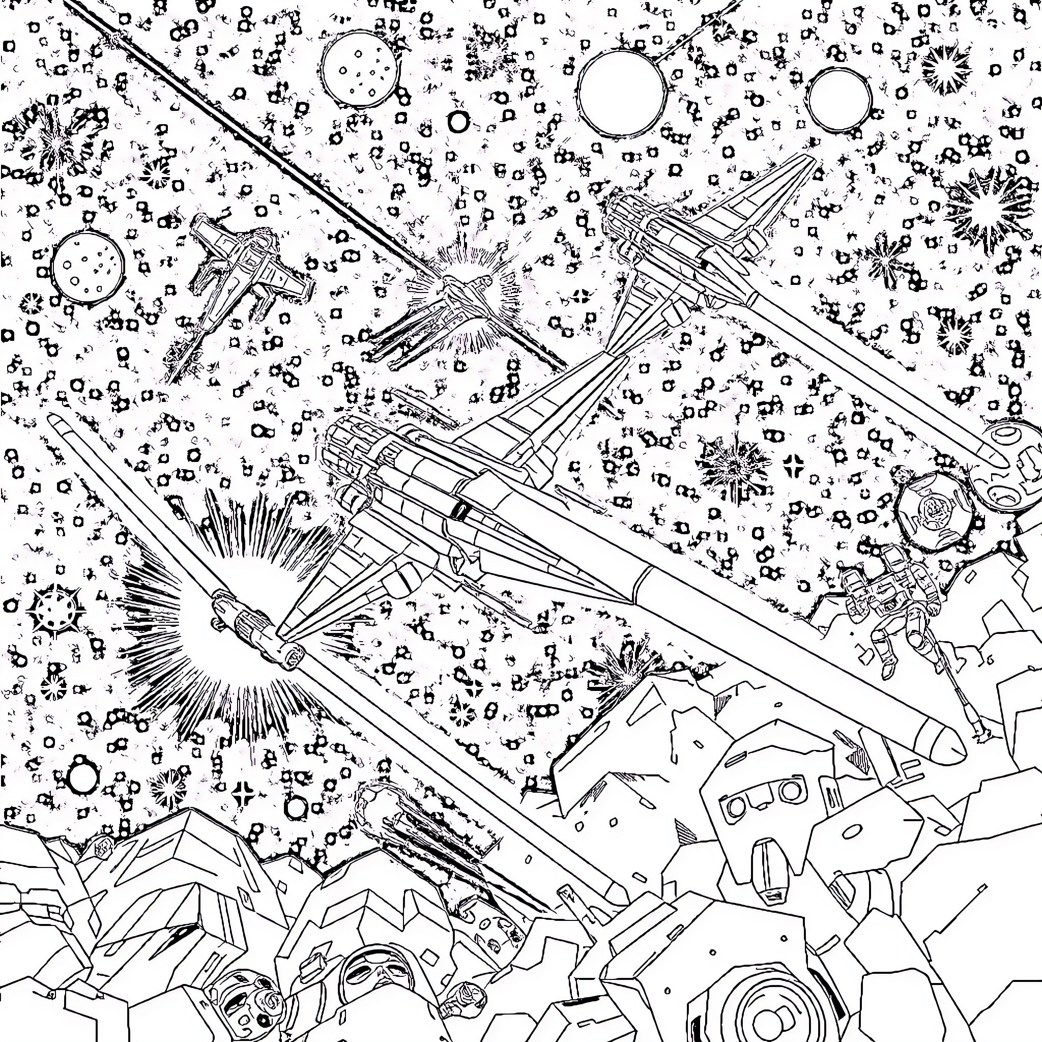Star Fighters in Cosmic Battle Coloring Page (free black-and-white line drawing printable PDF for all, from beginners to advanced learners, including children, teens, adults, and seniors)