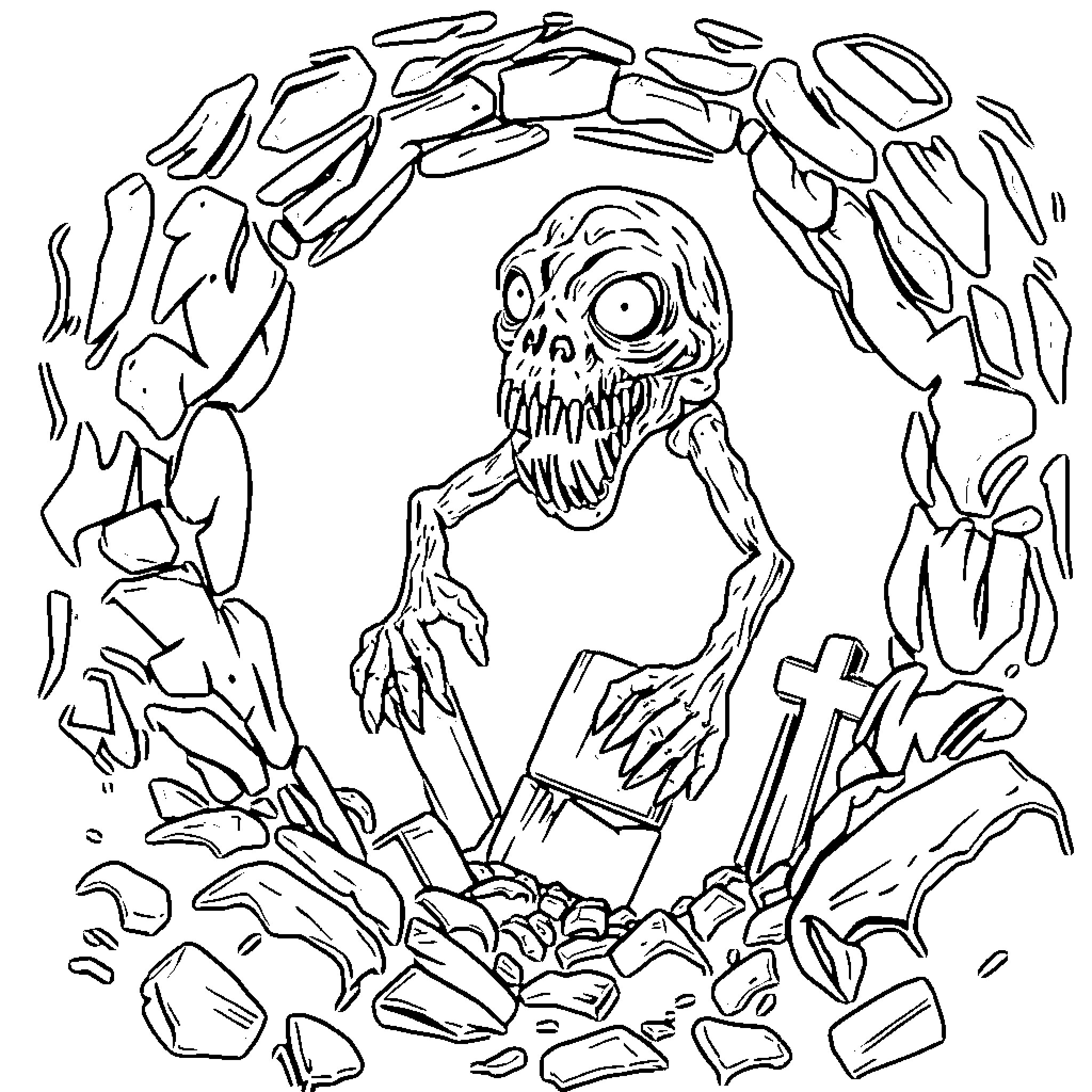Scream of a distorted creature emerging from the wreckage Coloring Page (free black-and-white line drawing printable PDF for all, from beginners to advanced learners, including children, teens, adults, and seniors)
