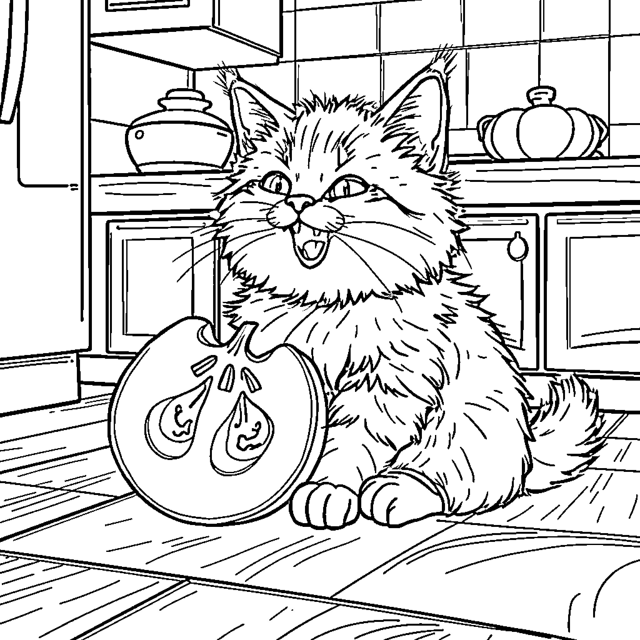 Cat playing with pumpkin decoration in home Coloring Page (free black-and-white line drawing printable PDF for all, from beginners to advanced learners, including children, teens, adults, and seniors)