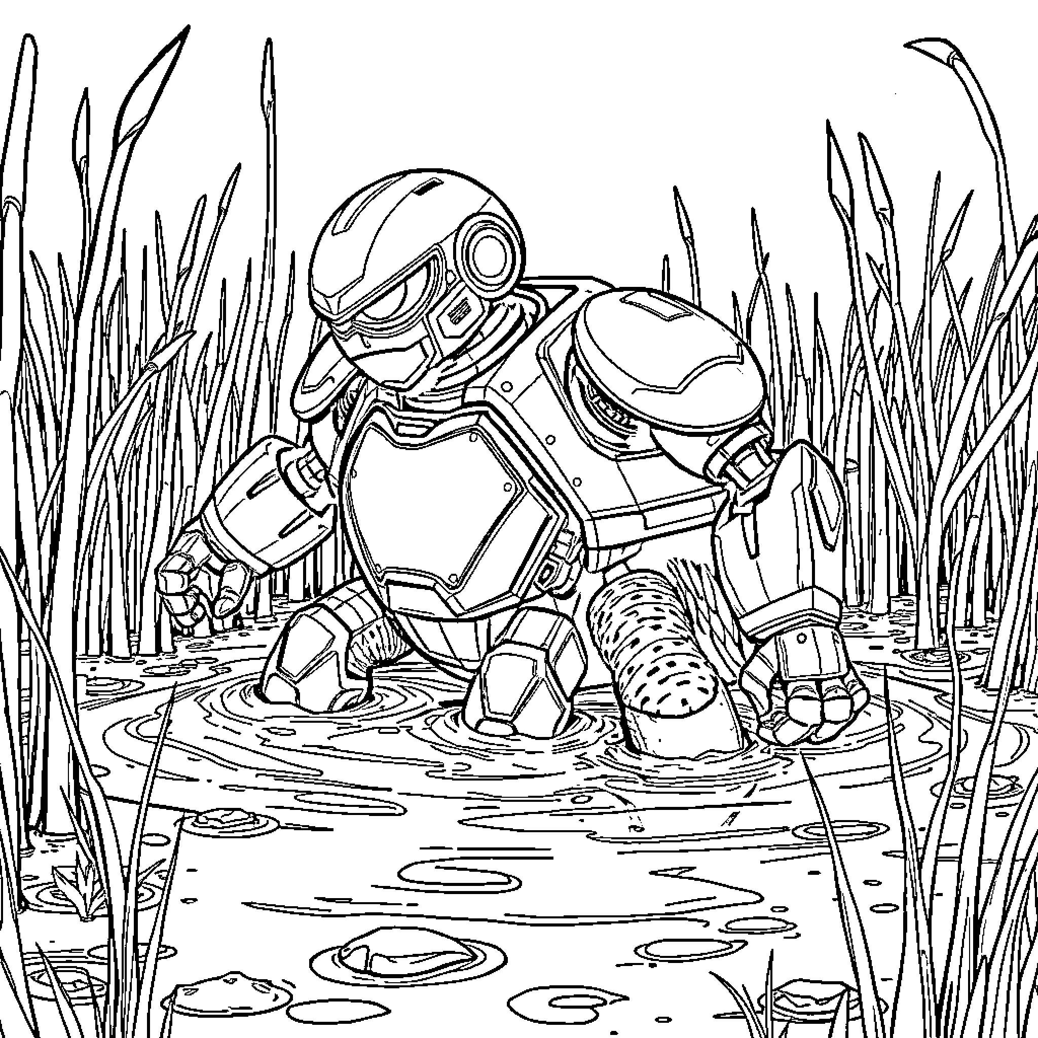Robot exploring the tranquil pond Coloring Page (free black-and-white line drawing printable PDF for all, from beginners to advanced learners, including children, teens, adults, and seniors)