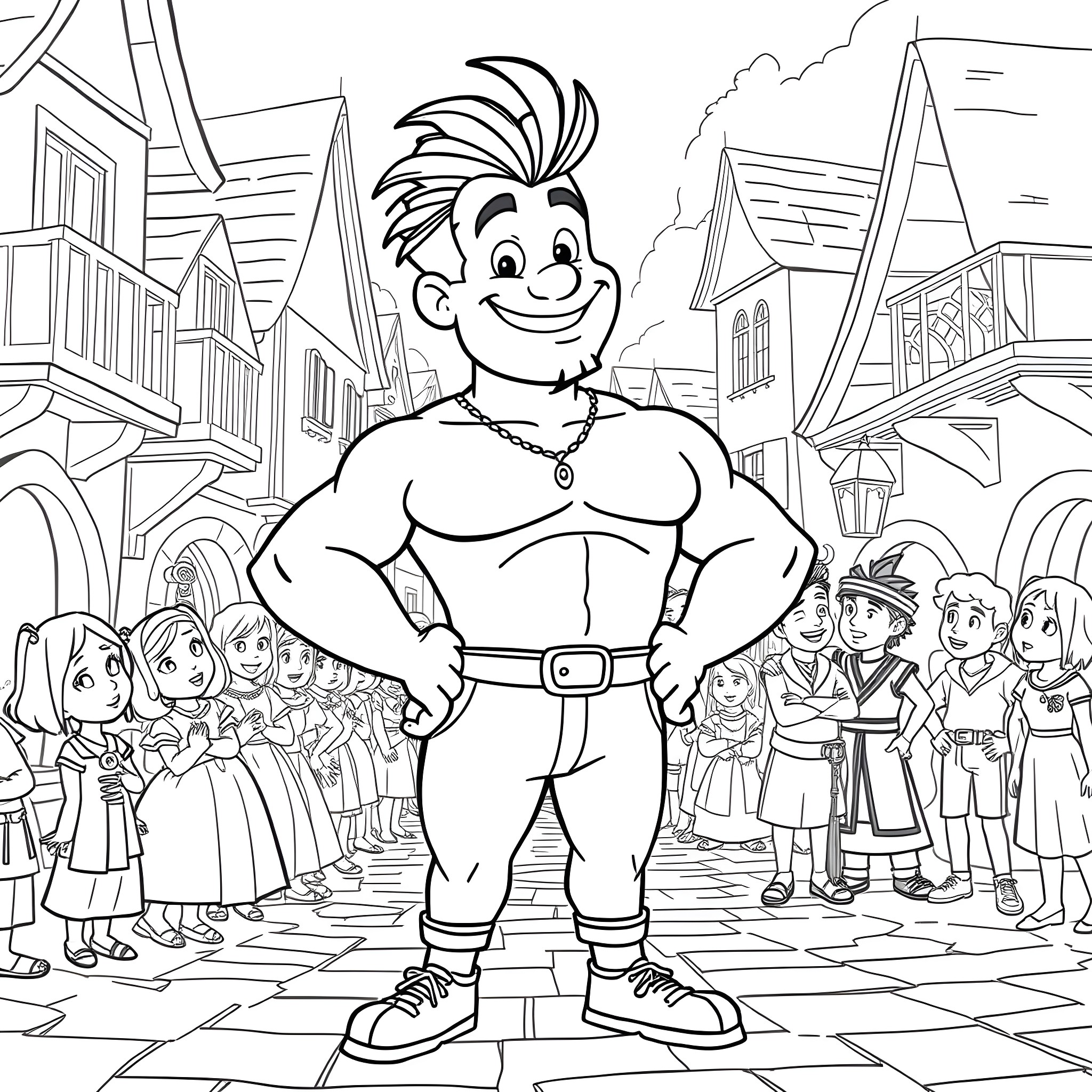 Gastón entertaining the town with his muscular physique Coloring Page (free black-and-white line drawing printable PDF for all, from beginners to advanced learners, including children, teens, adults, and seniors)
