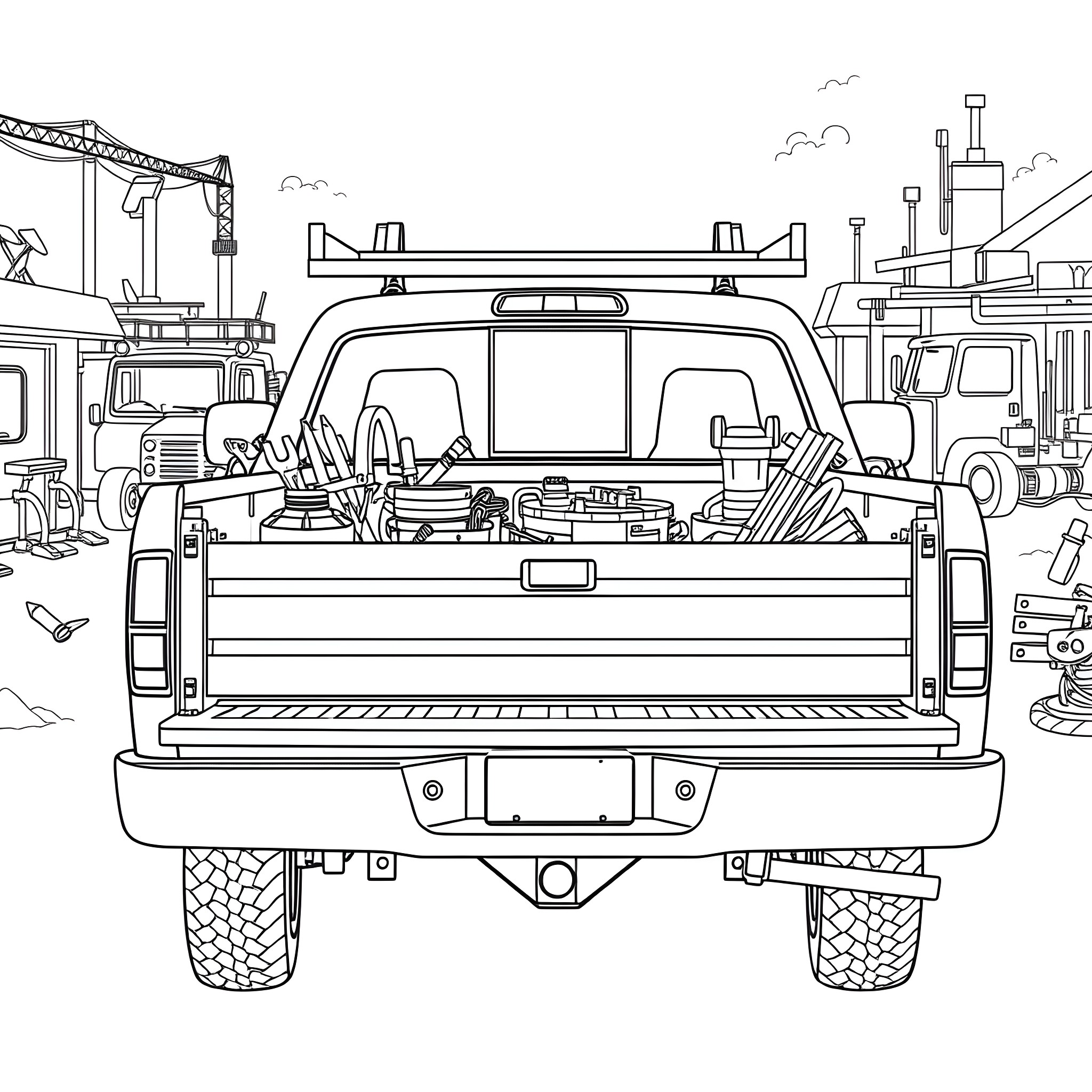Pickup Bed Filled with Tools and Equipment Coloring Page (free black-and-white line drawing printable PDF for all, from beginners to advanced learners, including children, teens, adults, and seniors)