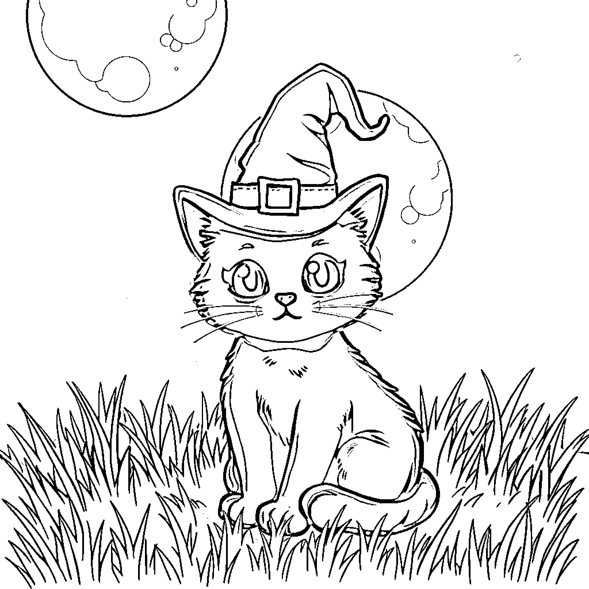 Witch Cat Sitting Adorably in Grassy Field Coloring Page (free black-and-white line drawing printable PDF for all, from beginners to advanced learners, including children, teens, adults, and seniors)