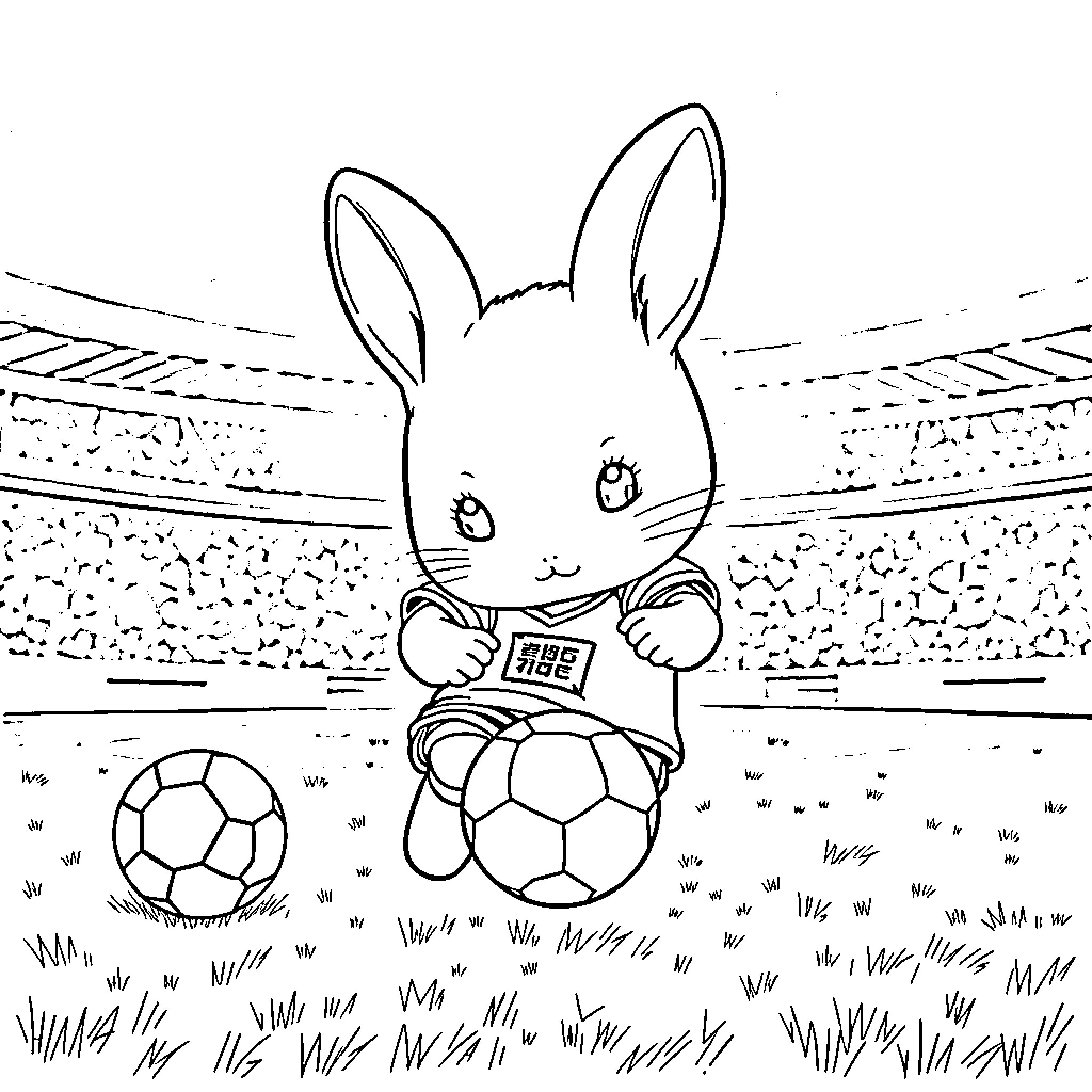 Figurine of Bunny Playing with Soccer Balls Coloring Page (free black-and-white line drawing printable PDF for all, from beginners to advanced learners, including children, teens, adults, and seniors)