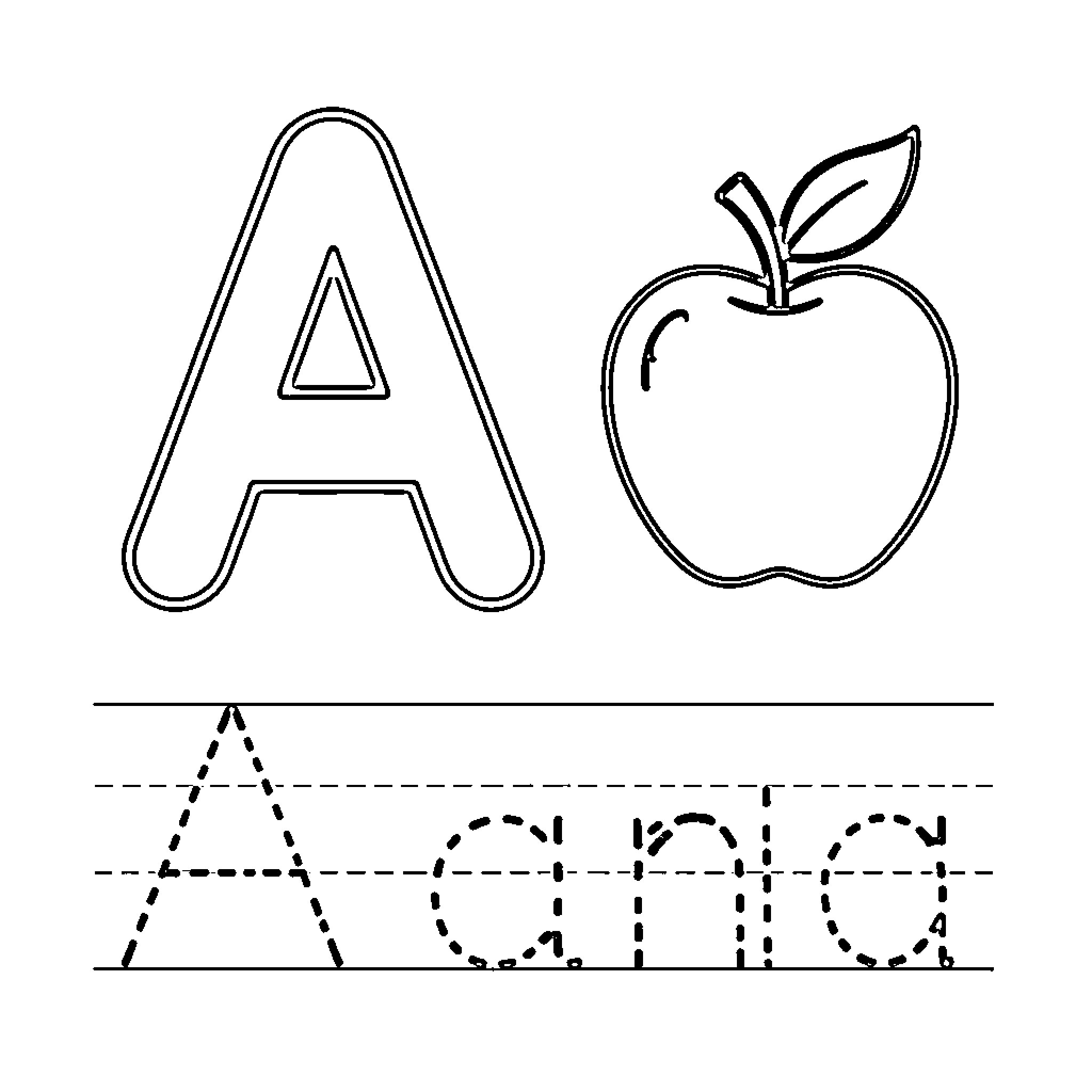 Letter A Outlining Apple Coloring Page (free black-and-white line drawing printable PDF for all, from beginners to advanced learners, including children, teens, adults, and seniors)