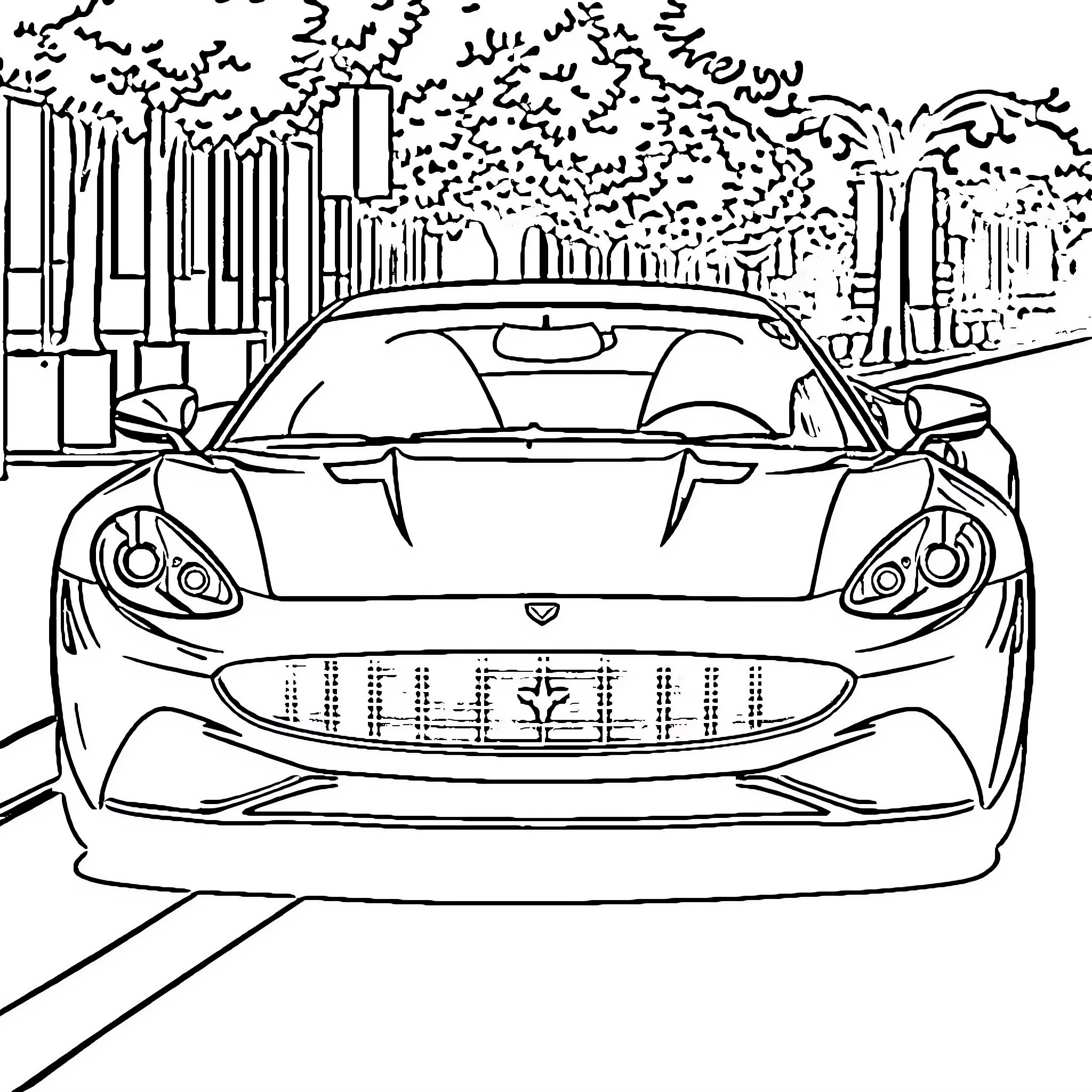 Car parked in urban scene with trees Coloring Page (free black-and-white line drawing printable PDF for all, from beginners to advanced learners, including children, teens, adults, and seniors)