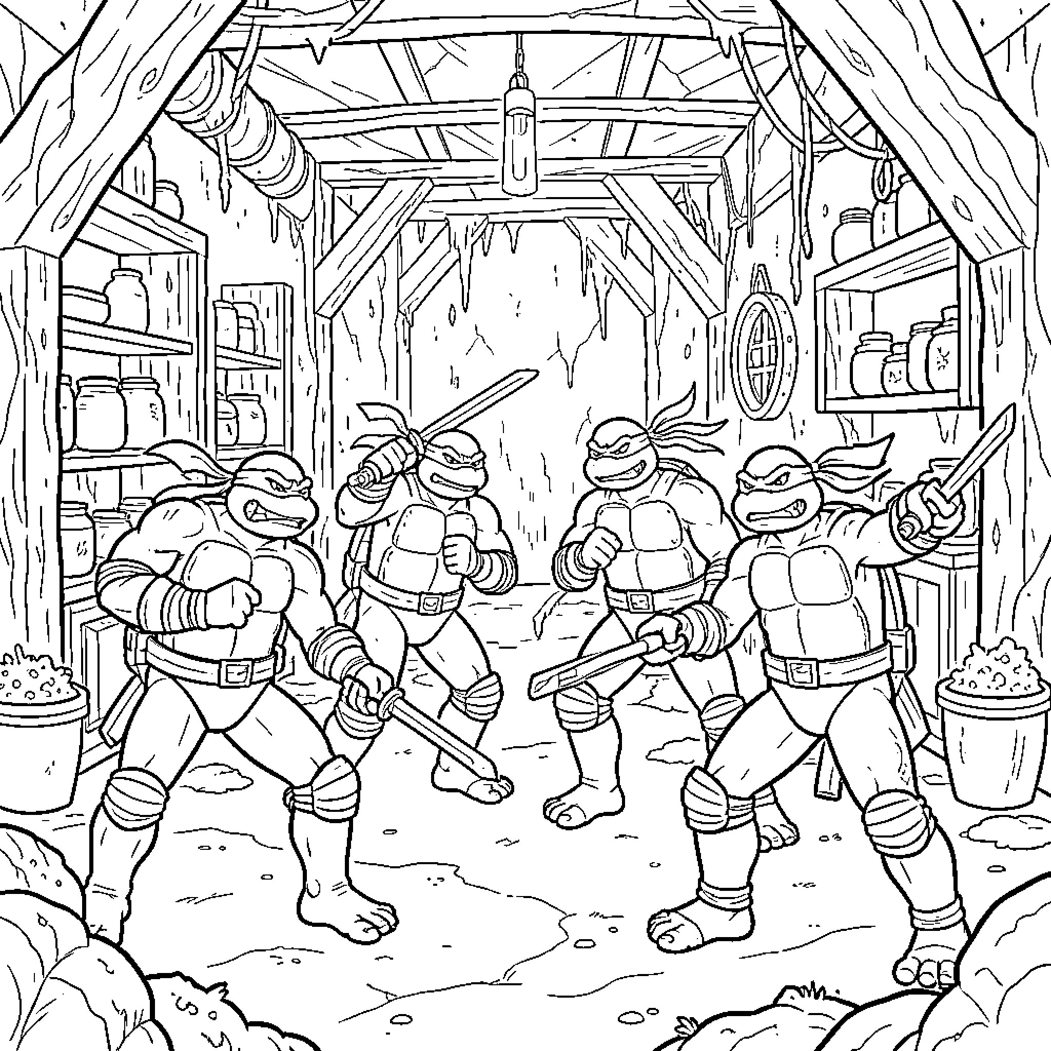 Teenage Mutant Ninja Turtles wielding weapons in a sewer lair Coloring Page (free black-and-white line drawing printable PDF for all, from beginners to advanced learners, including children, teens, adults, and seniors)