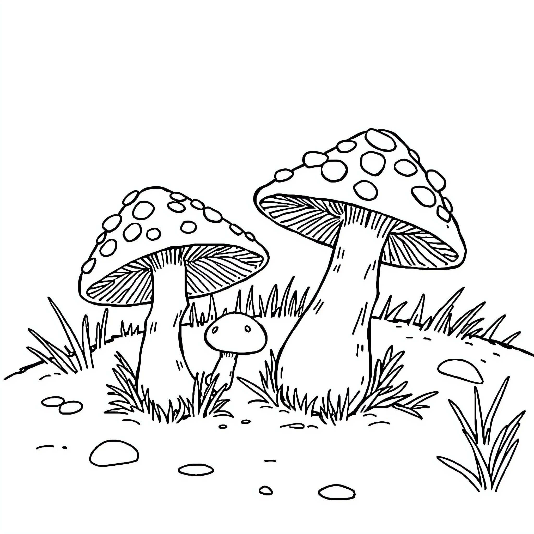 Mushroom friends in the forest Coloring Page (free black-and-white line drawing printable PDF for all, from beginners to advanced learners, including children, teens, adults, and seniors)