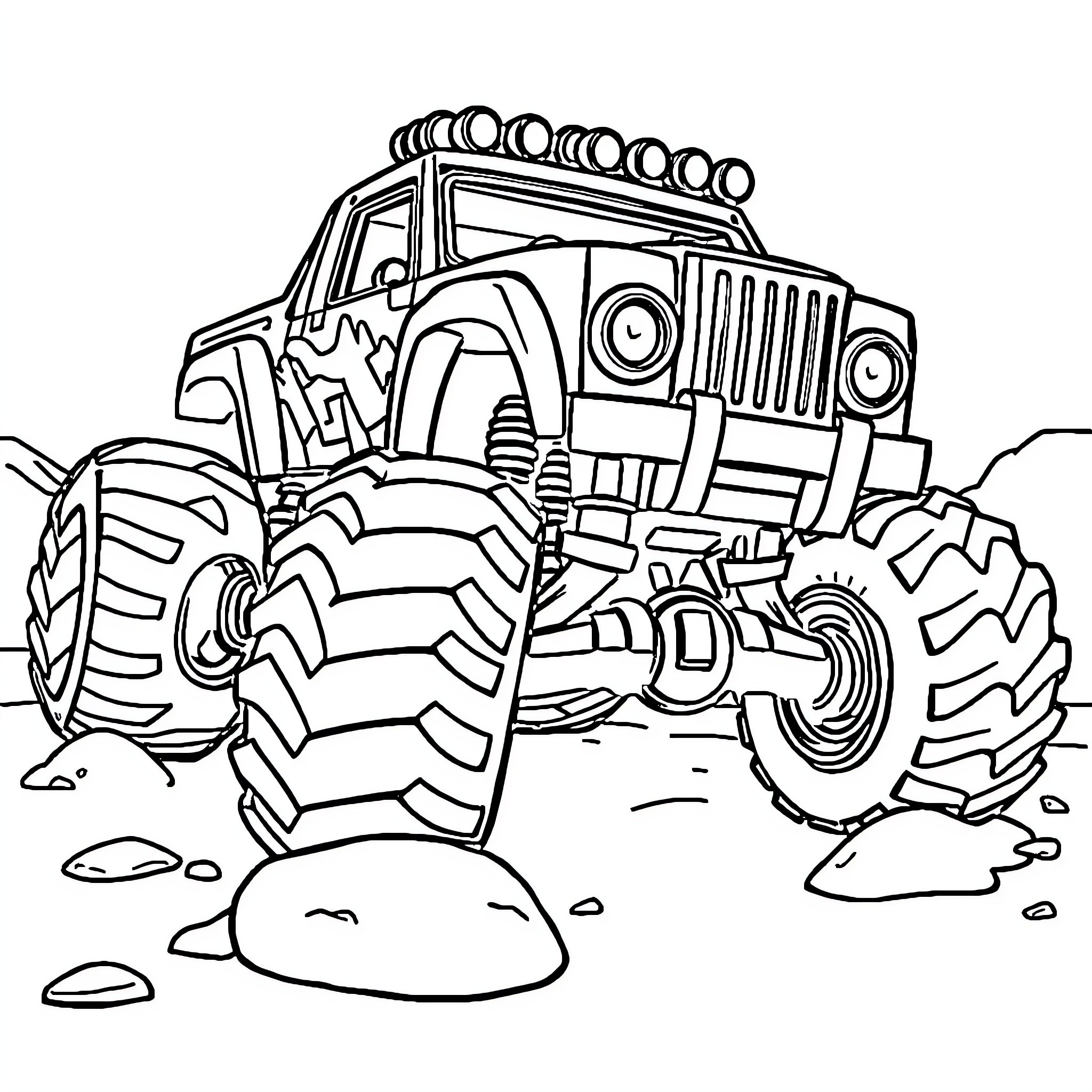 Monster Truck Crushing Rocks on Rough Terrain Coloring Page (free black-and-white line drawing printable PDF for all, from beginners to advanced learners, including children, teens, adults, and seniors)