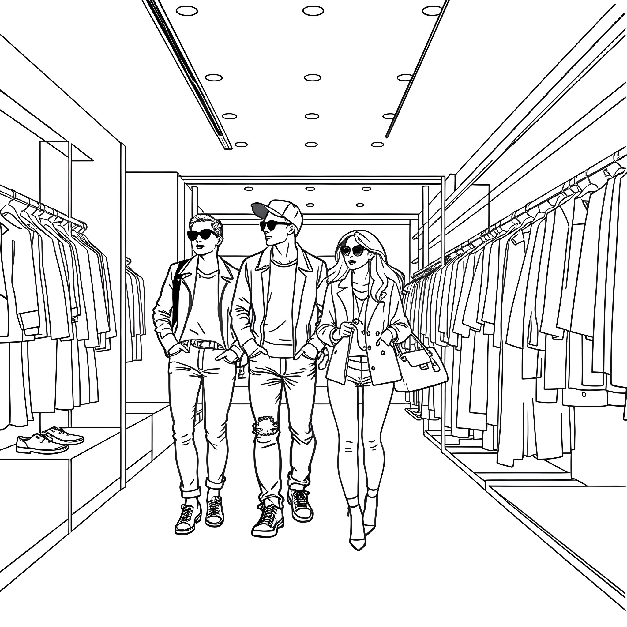 Family exploring a stylish clothing store Coloring Page (free black-and-white line drawing printable PDF for all, from beginners to advanced learners, including children, teens, adults, and seniors)