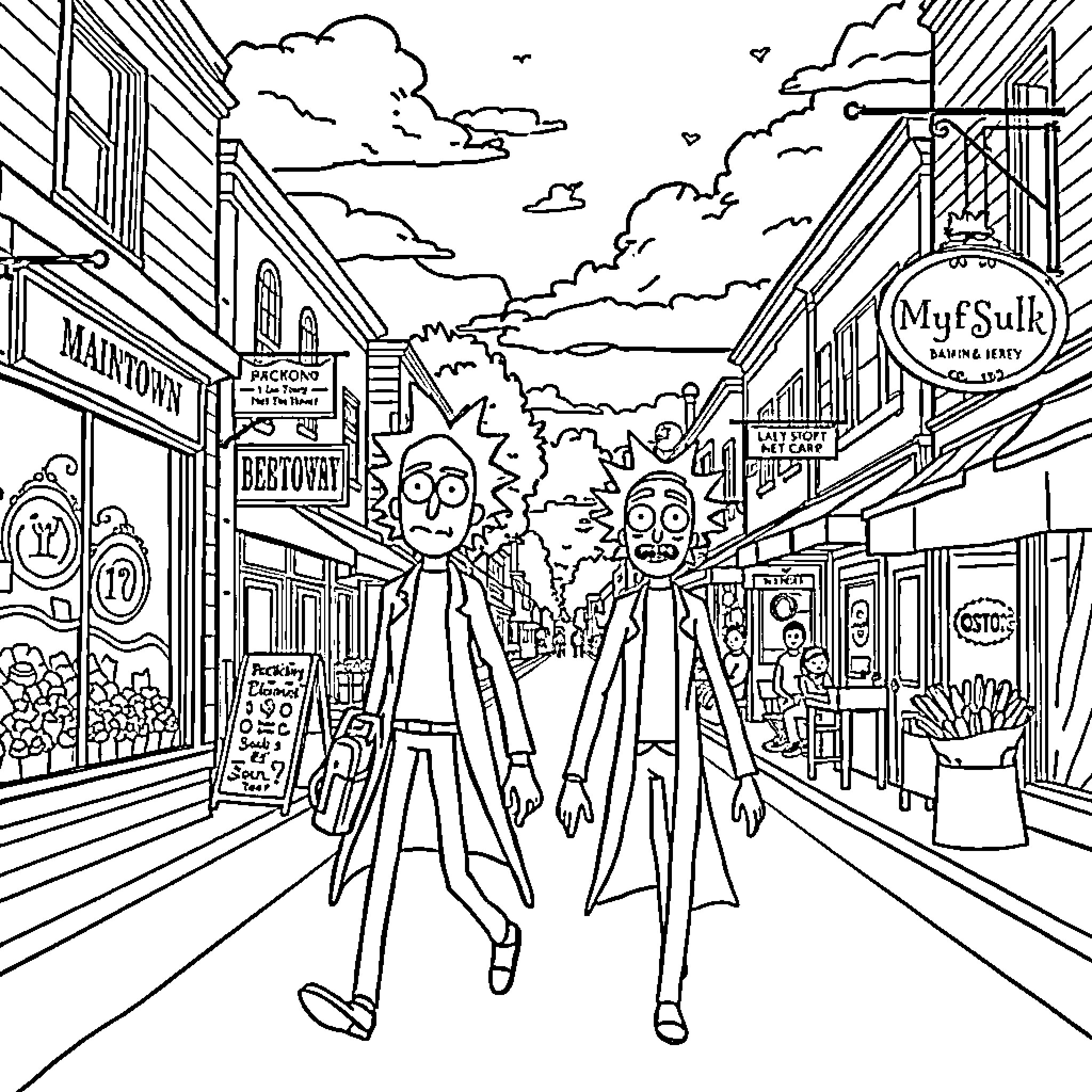 Rick And Morty exploring the whimsical town of Maintown Coloring Page (free black-and-white line drawing printable PDF for all, from beginners to advanced learners, including children, teens, adults, and seniors)