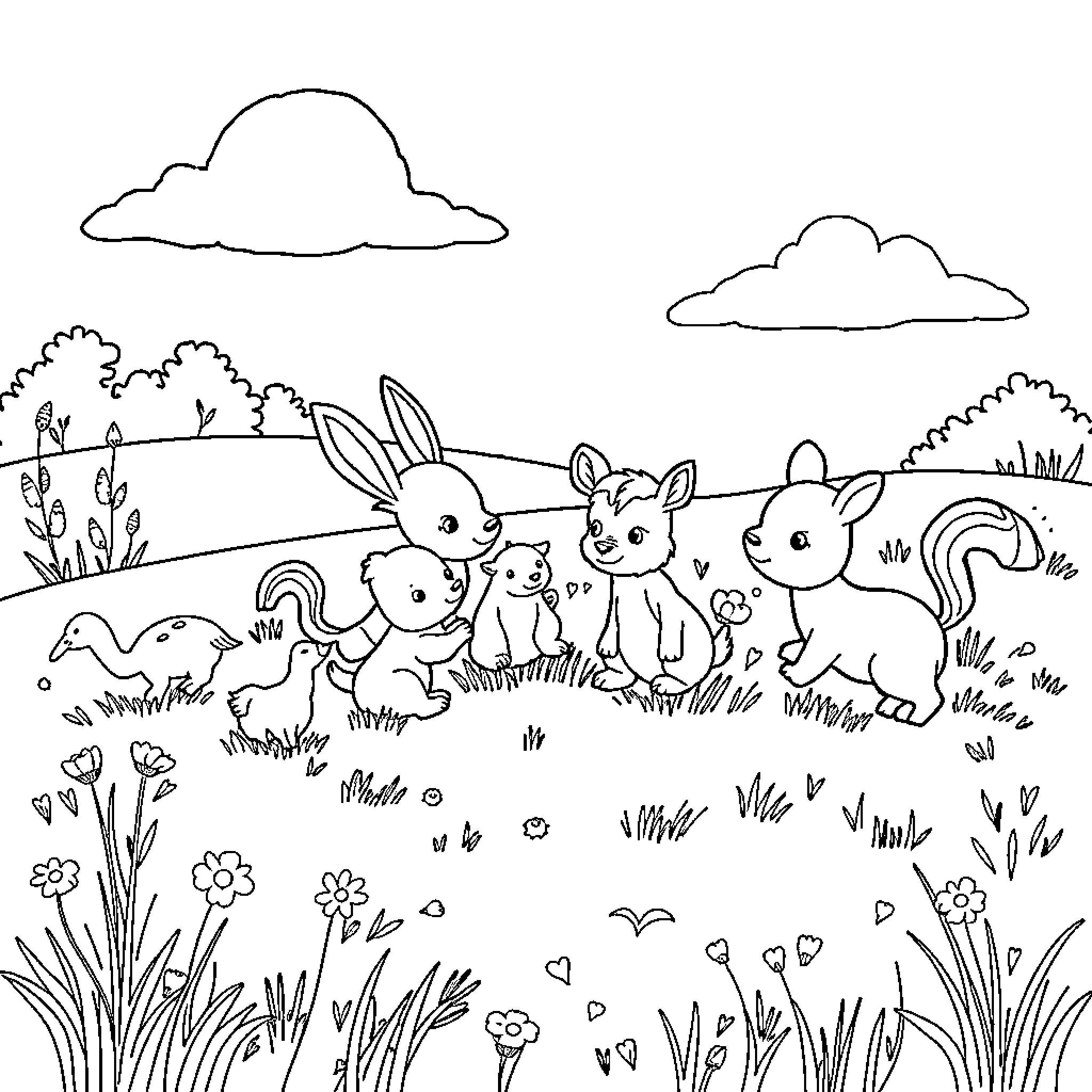 Animal friends playing together in the meadow Coloring Page (free black-and-white line drawing printable PDF for all, from beginners to advanced learners, including children, teens, adults, and seniors)