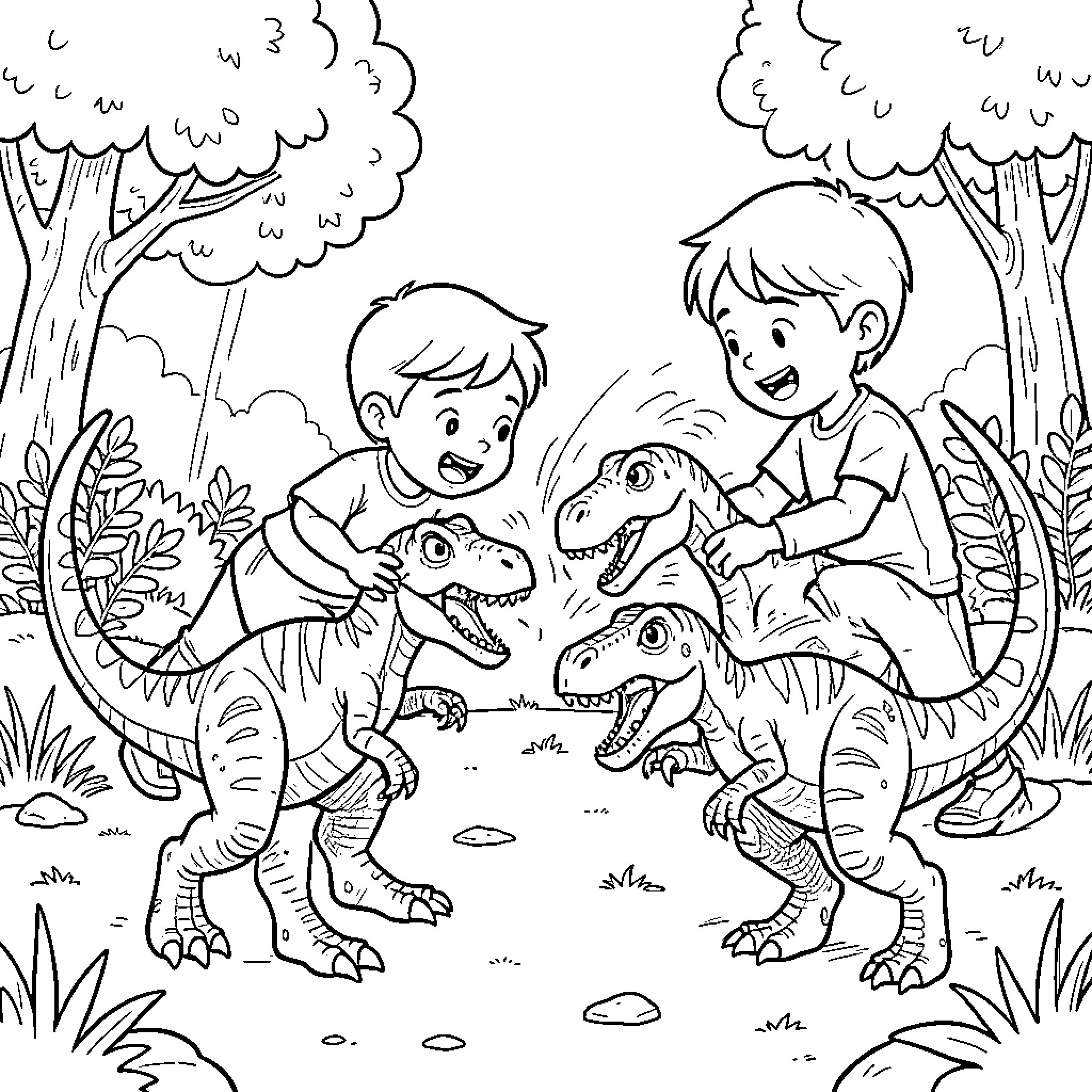 Dinosaur adventure with young explorers in the forest Coloring Page (free black-and-white line drawing printable PDF for all, from beginners to advanced learners, including children, teens, adults, and seniors)