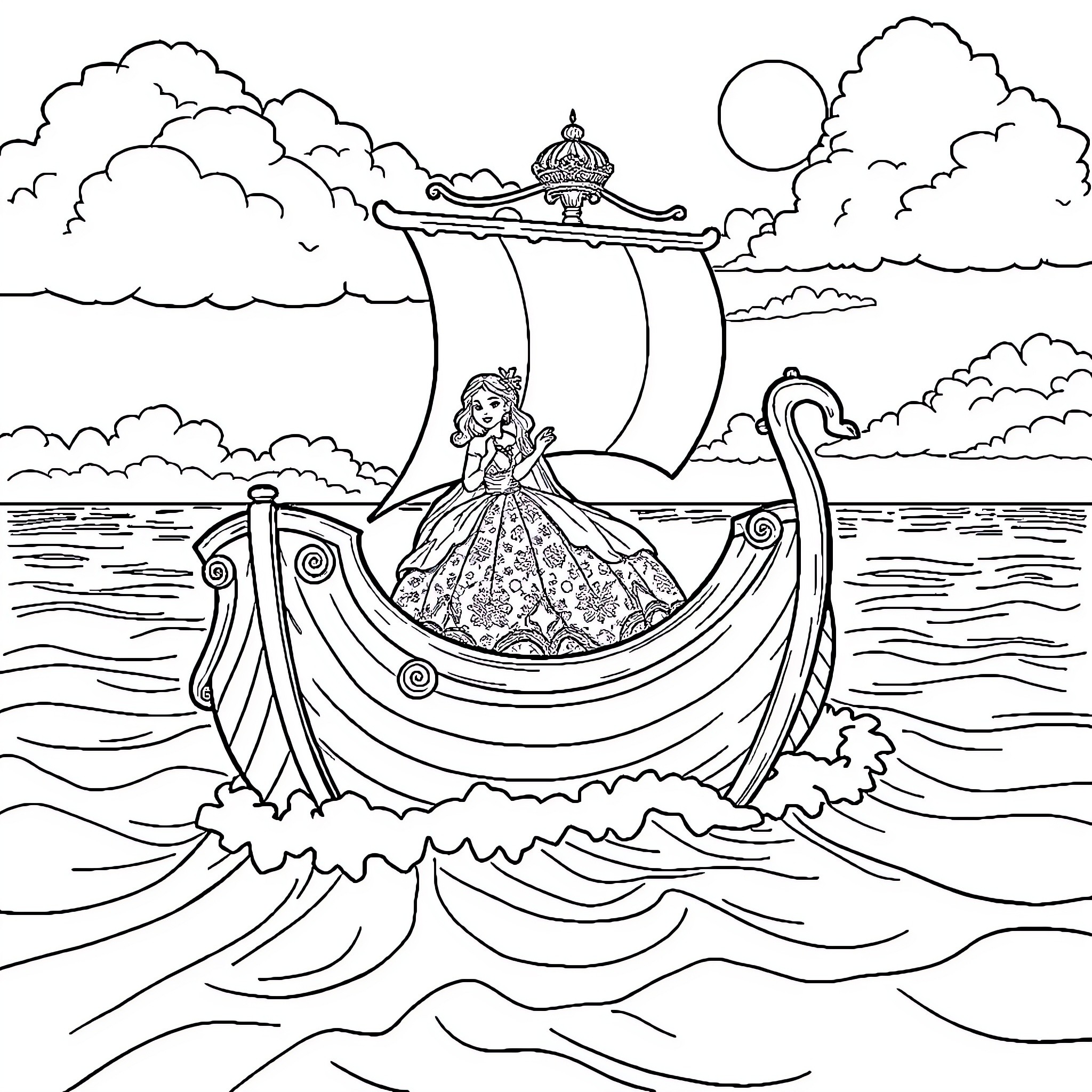 Sirène sailing on a majestic ship across the waves Coloring Page (free black-and-white line drawing printable PDF for all, from beginners to advanced learners, including children, teens, adults, and seniors)