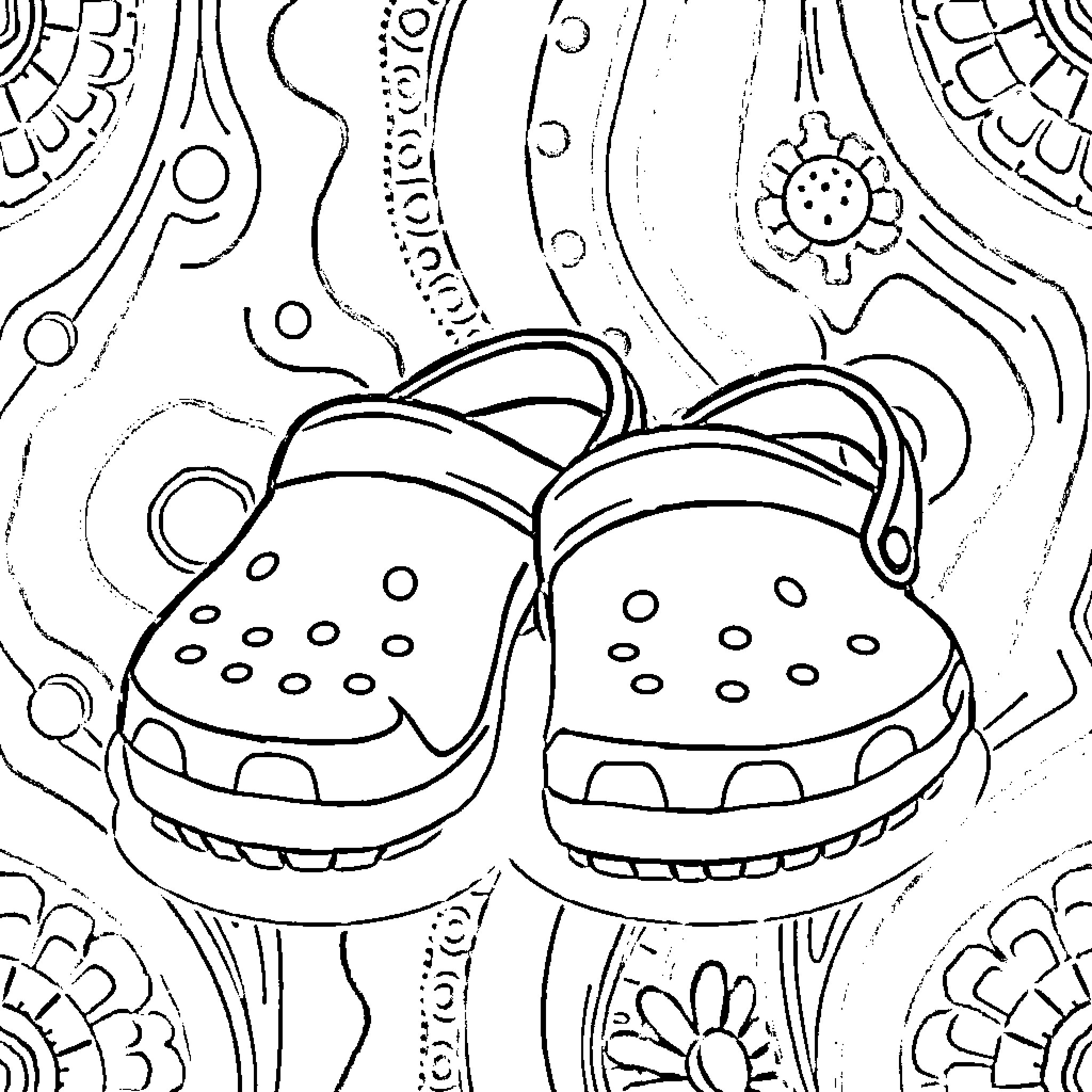 Crocs in funky and whimsical patterns Coloring Page (free black-and-white line drawing printable PDF for all, from beginners to advanced learners, including children, teens, adults, and seniors)