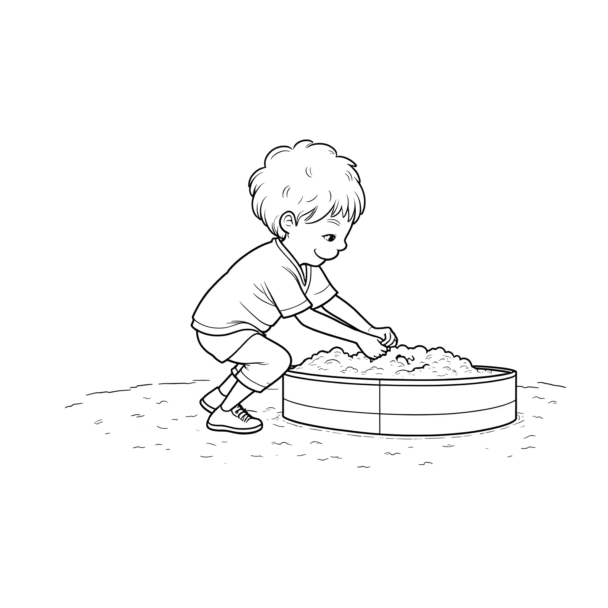 Kid playing in a sandbox Coloring Page (free black-and-white line drawing printable PDF for all, from beginners to advanced learners, including children, teens, adults, and seniors)