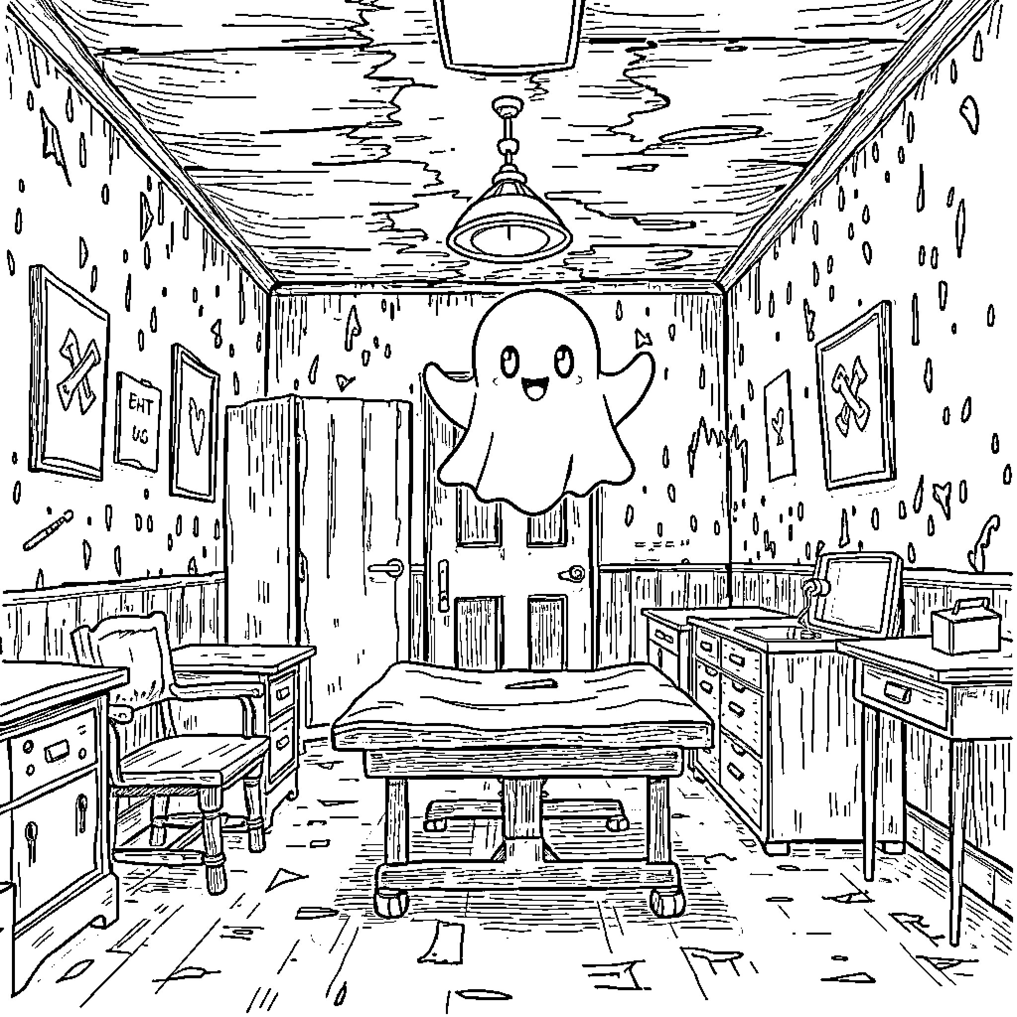 Ghost Haunting a Mysterious Bedroom Coloring Page (free black-and-white line drawing printable PDF for all, from beginners to advanced learners, including children, teens, adults, and seniors)