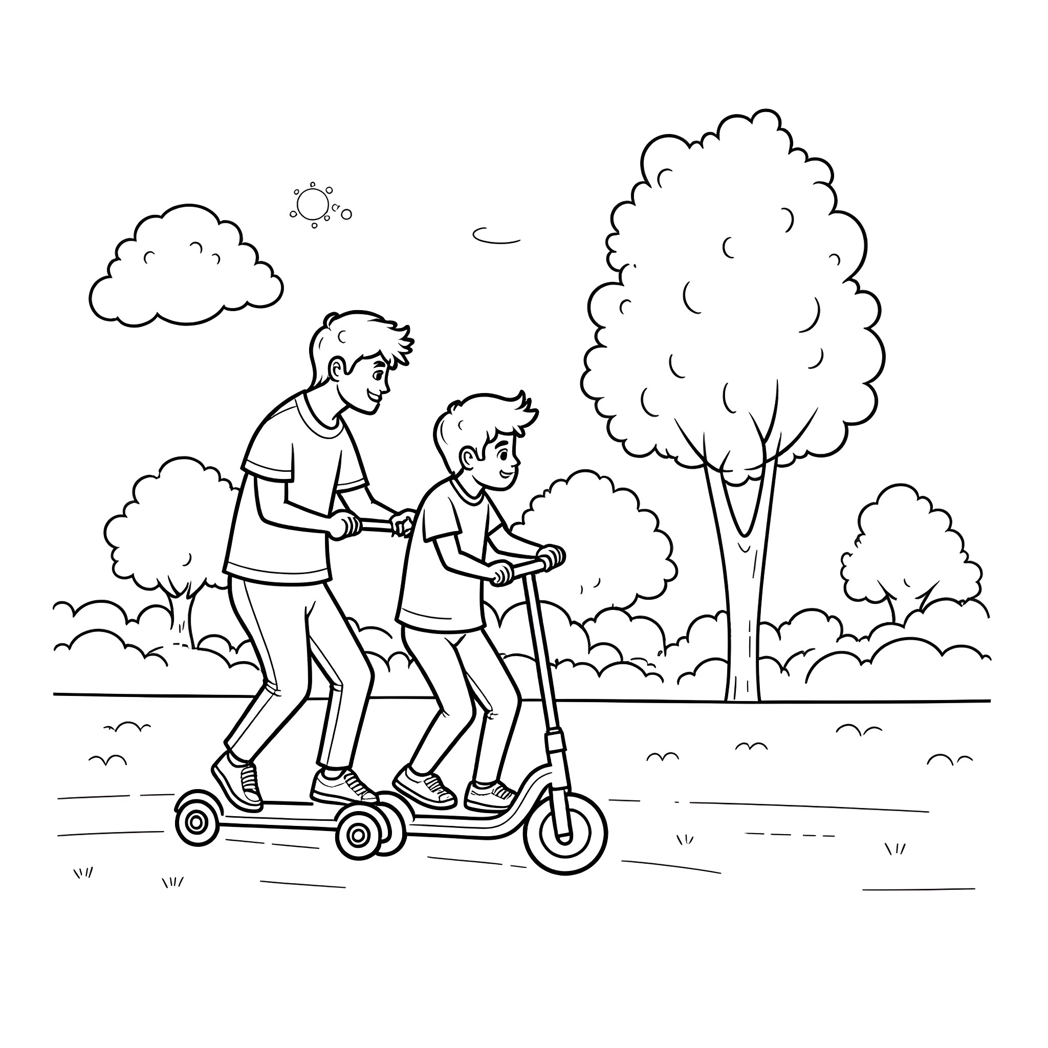 Scooter ride through the park Coloring Page (free black-and-white line drawing printable PDF for all, from beginners to advanced learners, including children, teens, adults, and seniors)