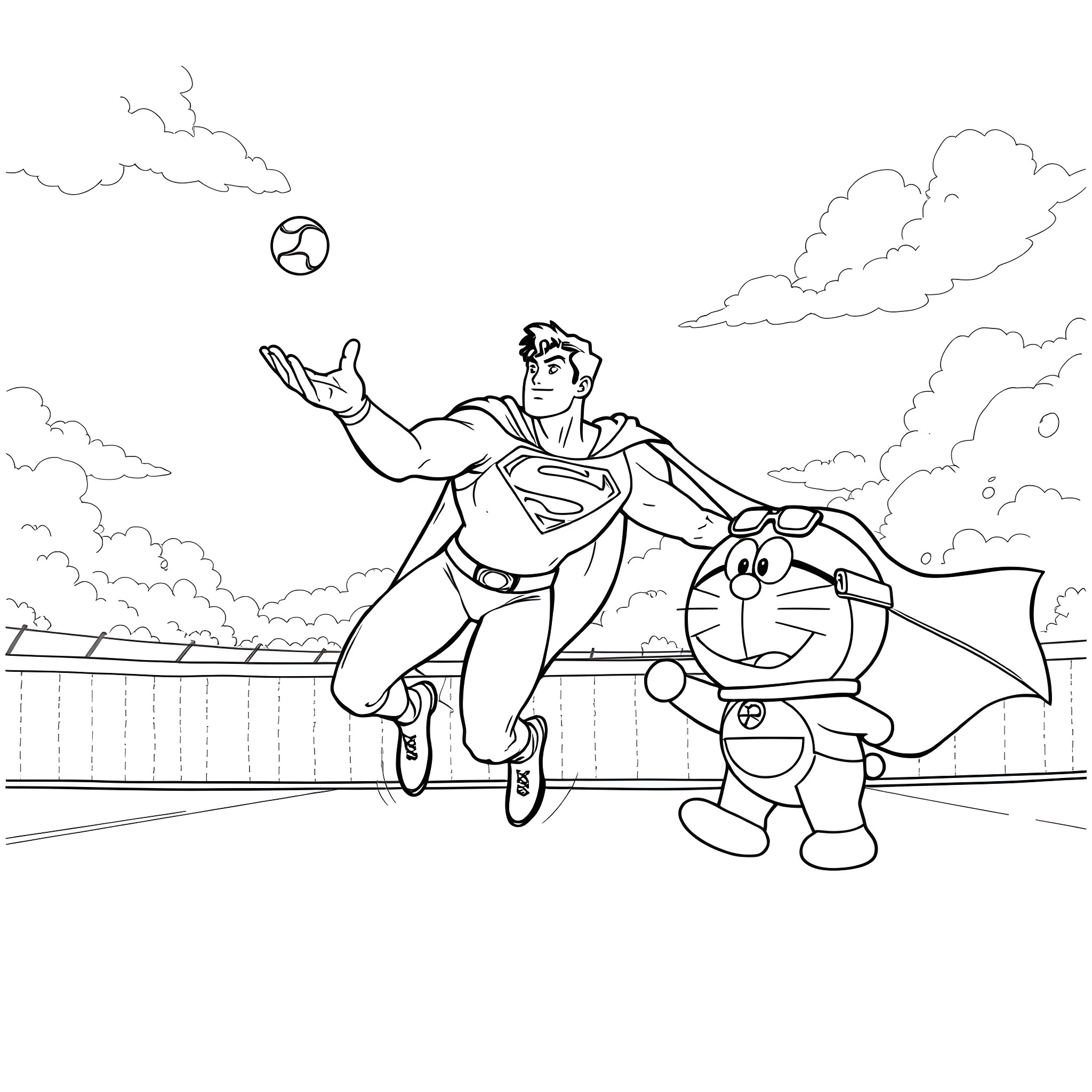 Superman and Doraemon flying together in the sky Coloring Page (free black-and-white line drawing printable PDF for all, from beginners to advanced learners, including children, teens, adults, and seniors)