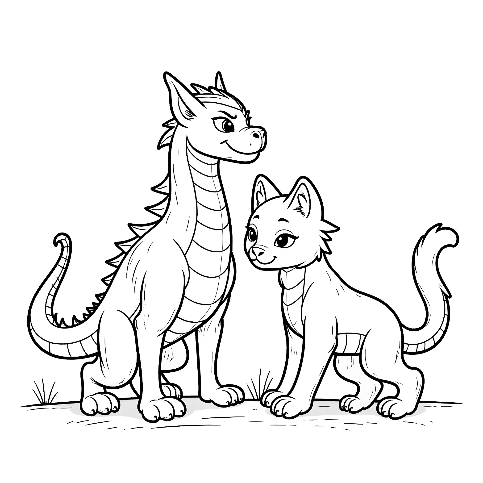 Dragon and Cat Playing Together in the Park Coloring Page (free black-and-white line drawing printable PDF for all, from beginners to advanced learners, including children, teens, adults, and seniors)