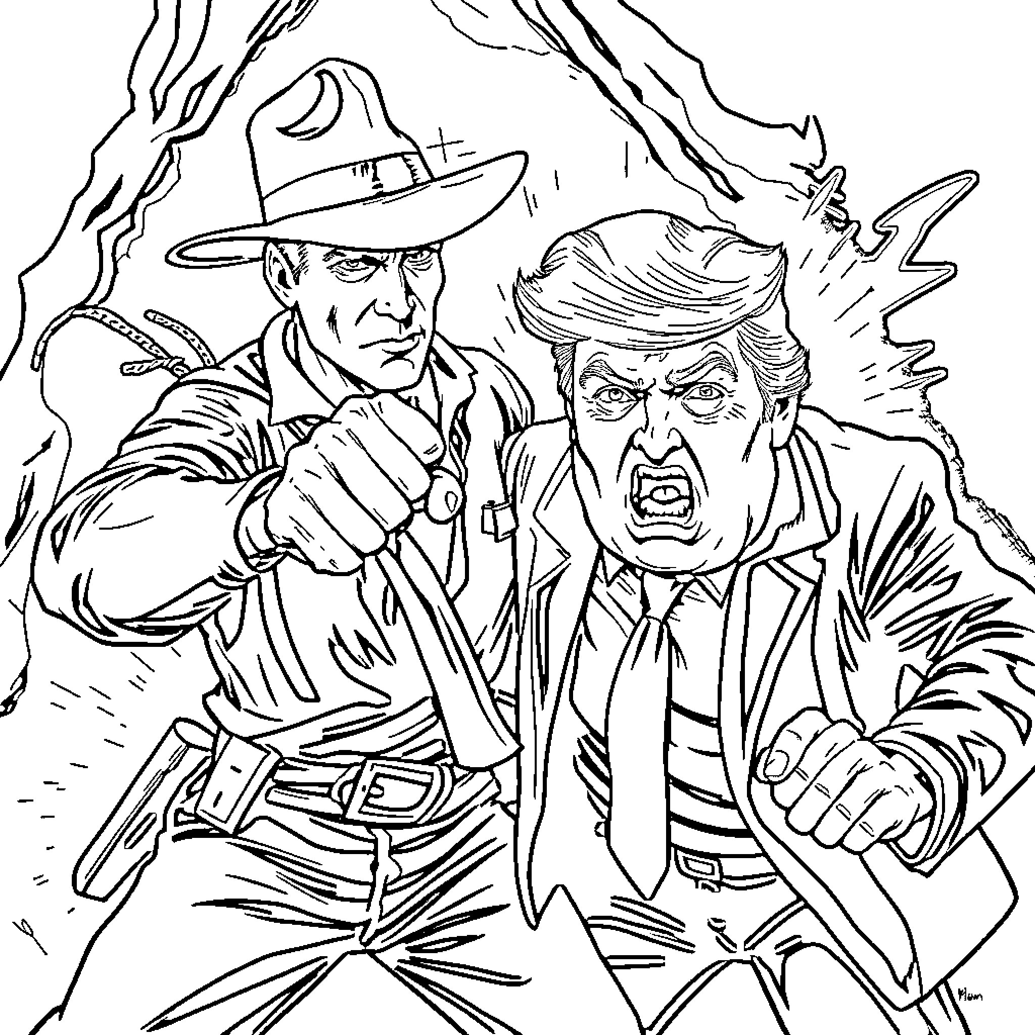Indiana Jones vs. Angry Villain in Action Coloring Page (free black-and-white line drawing printable PDF for all, from beginners to advanced learners, including children, teens, adults, and seniors)