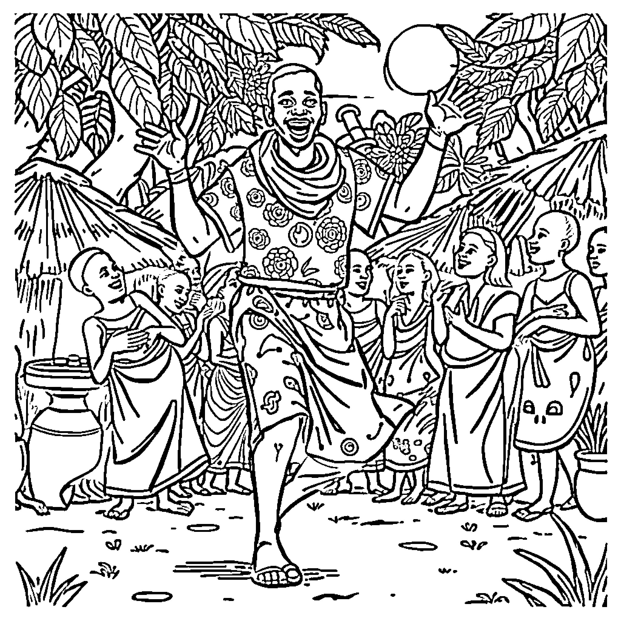 Mbappe engaging with local community in tropical setting Coloring Page (free black-and-white line drawing printable PDF for all, from beginners to advanced learners, including children, teens, adults, and seniors)