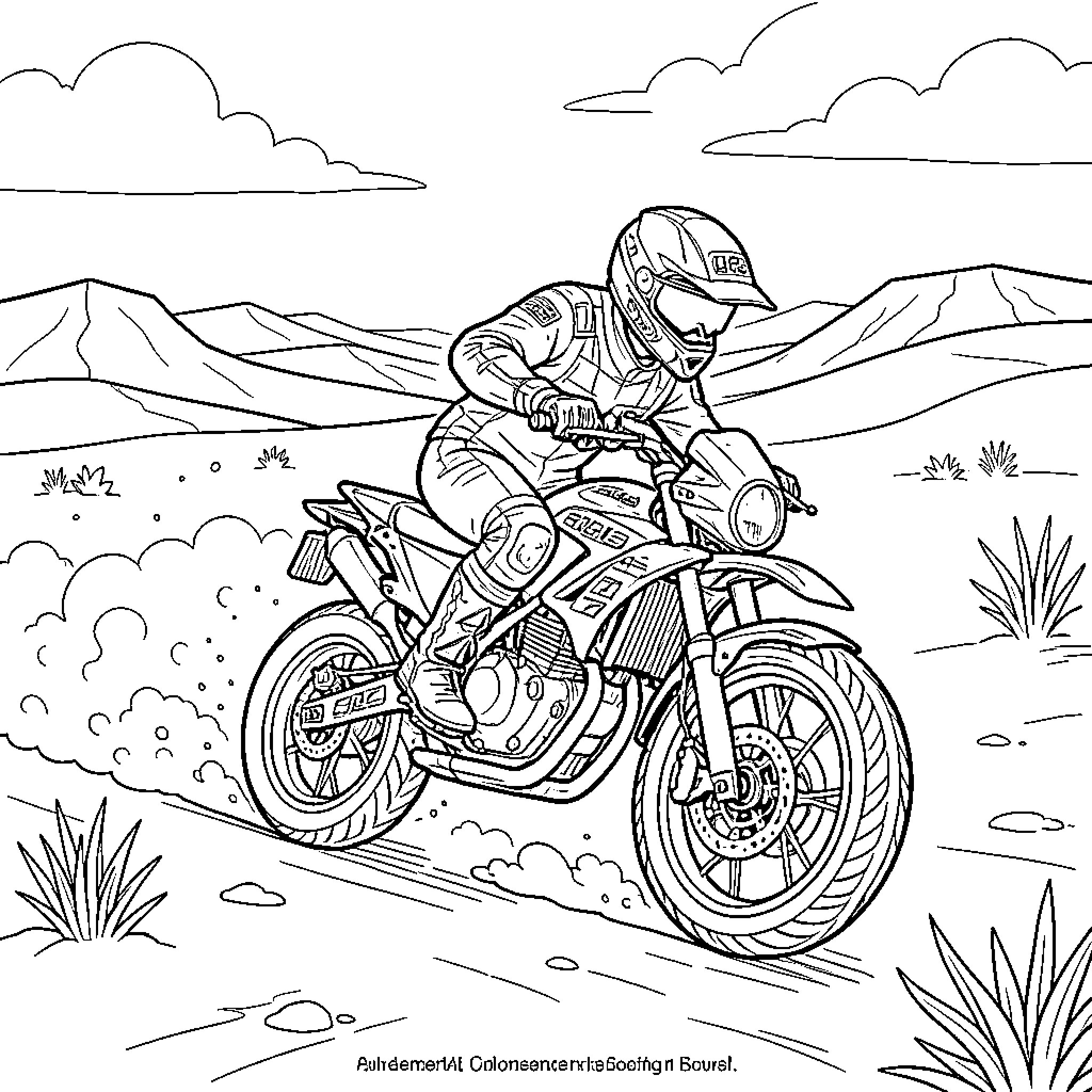 Quad and Motorcycle rider racing through a desert landscape Coloring Page (free black-and-white line drawing printable PDF for all, from beginners to advanced learners, including children, teens, adults, and seniors)
