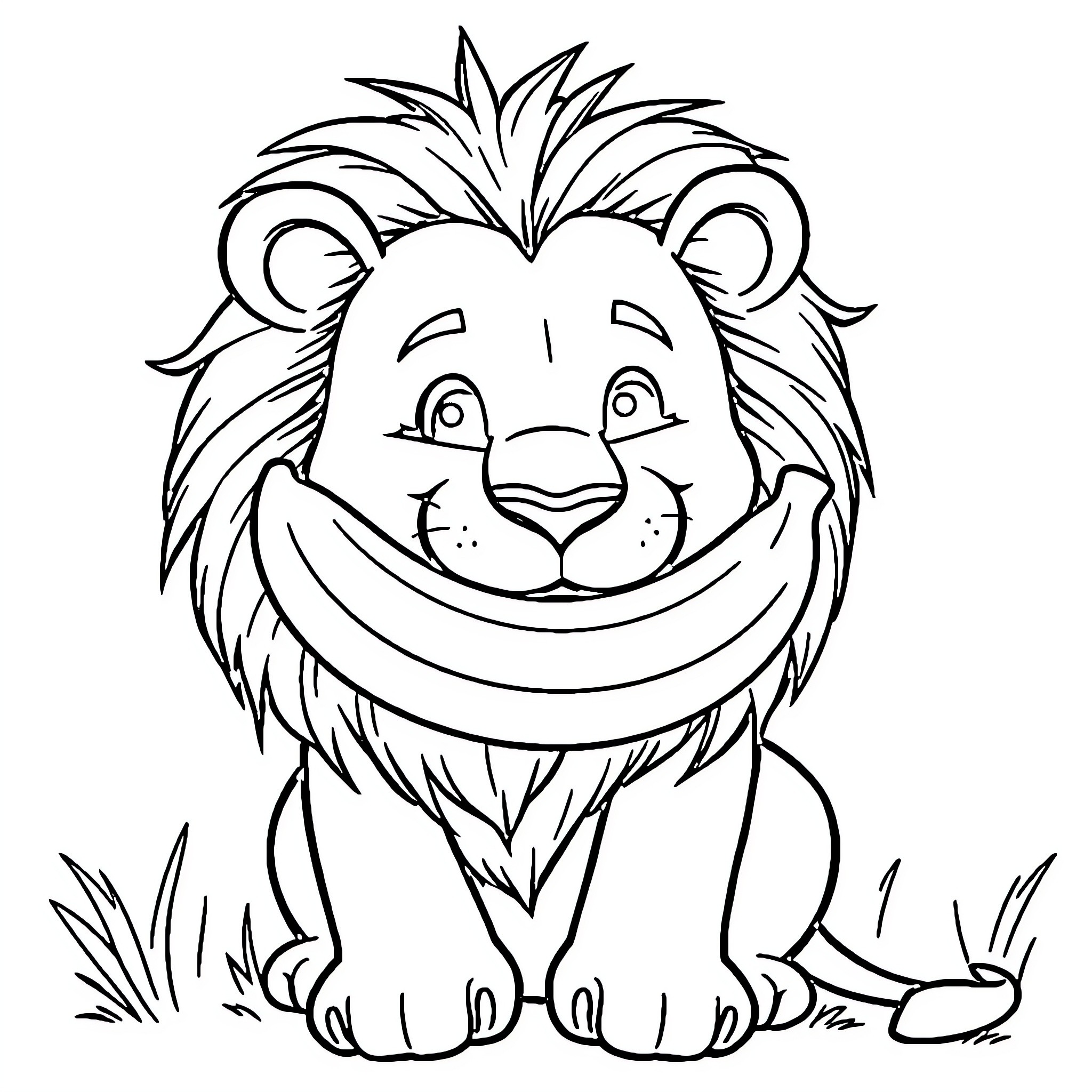 Lion with a friendly expression Coloring Page (free black-and-white line drawing printable PDF for all, from beginners to advanced learners, including children, teens, adults, and seniors)