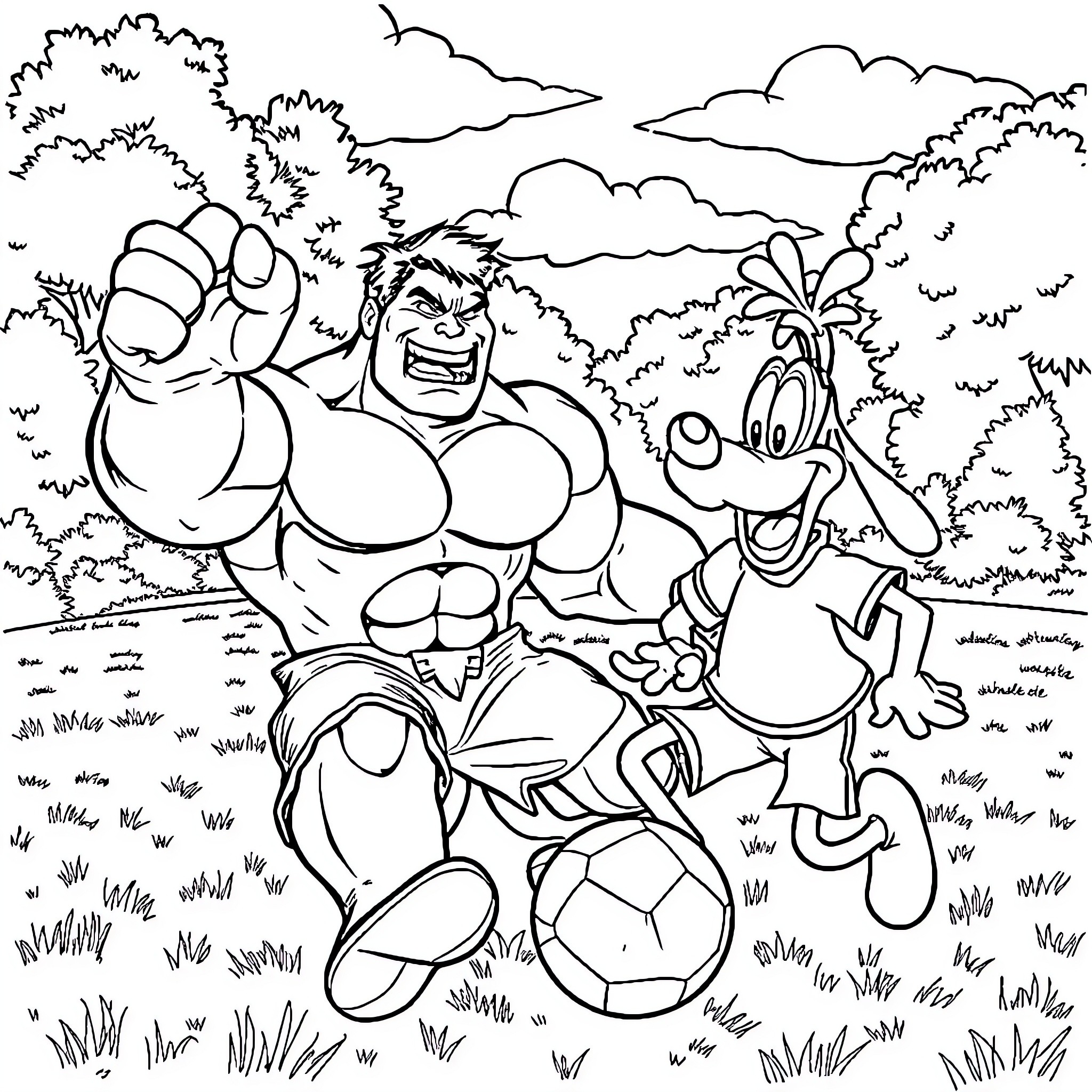 Hulk and Sidekick Explore Lush Outdoor Scene Coloring Page (free black-and-white line drawing printable PDF for all, from beginners to advanced learners, including children, teens, adults, and seniors)
