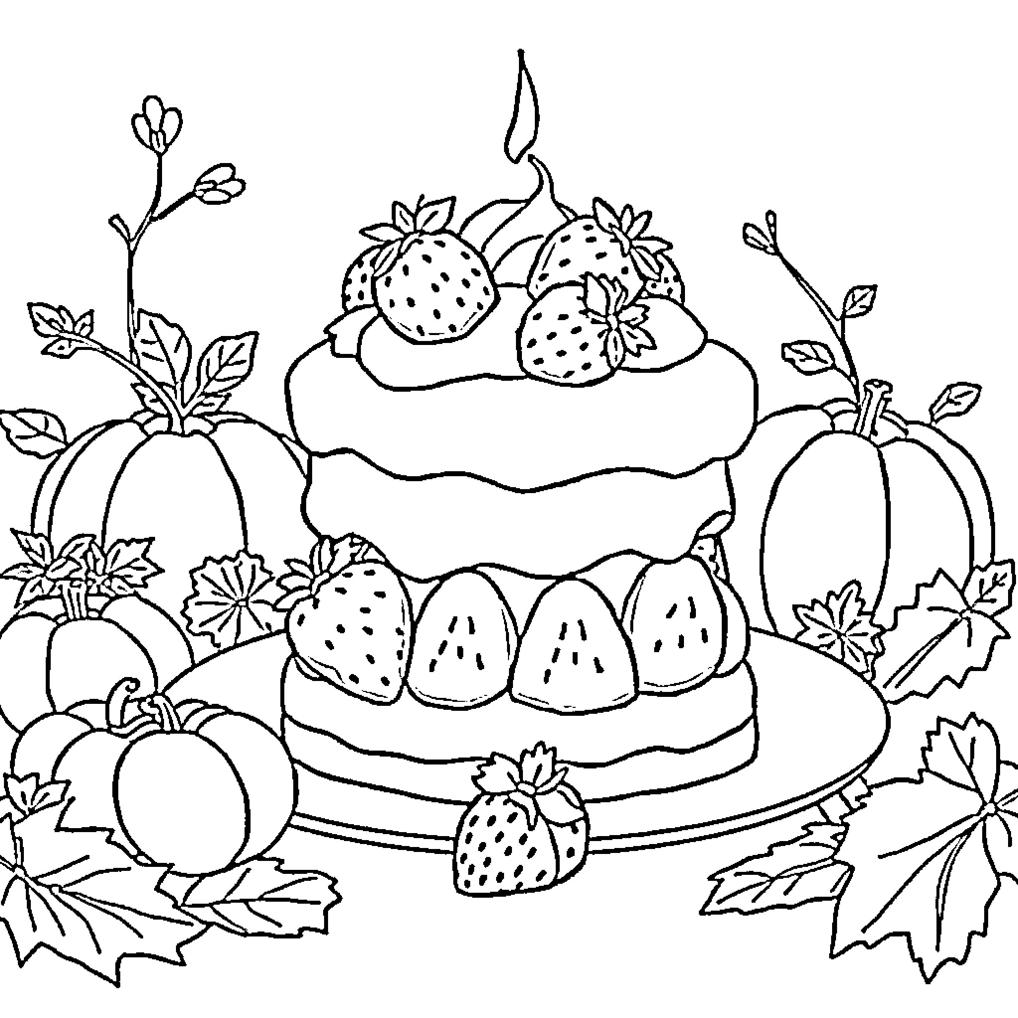 Strawberry Shortcake with Decorative Treats and Flowers Coloring Page (free black-and-white line drawing printable PDF for all, from beginners to advanced learners, including children, teens, adults, and seniors)