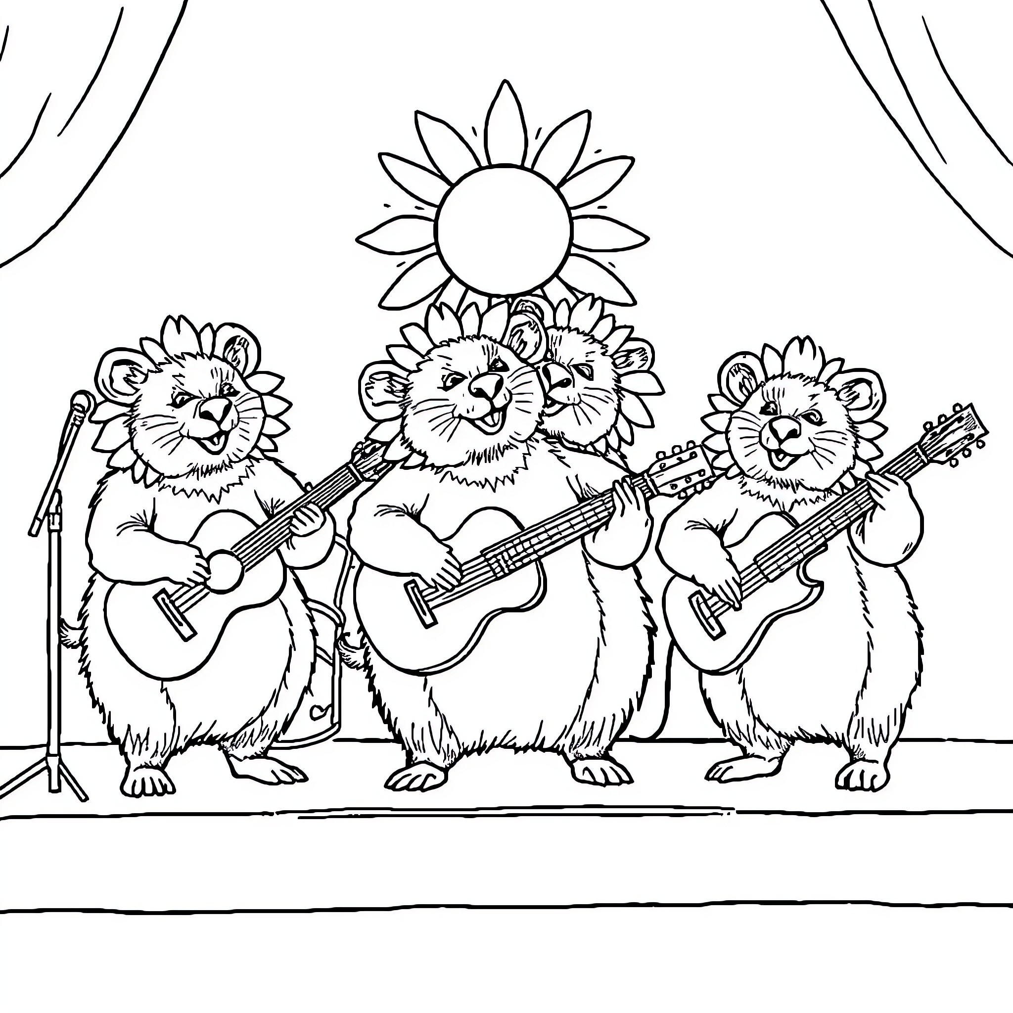 Sunflower-themed musical performance by cheerful animals Coloring Page (free black-and-white line drawing printable PDF for all, from beginners to advanced learners, including children, teens, adults, and seniors)