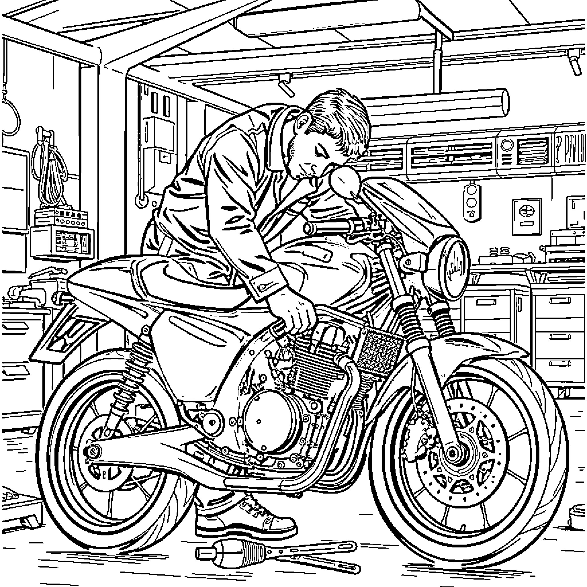 Mechanic Repairing Motorcycle in Workshop Coloring Page (free black-and-white line drawing printable PDF for all, from beginners to advanced learners, including children, teens, adults, and seniors)