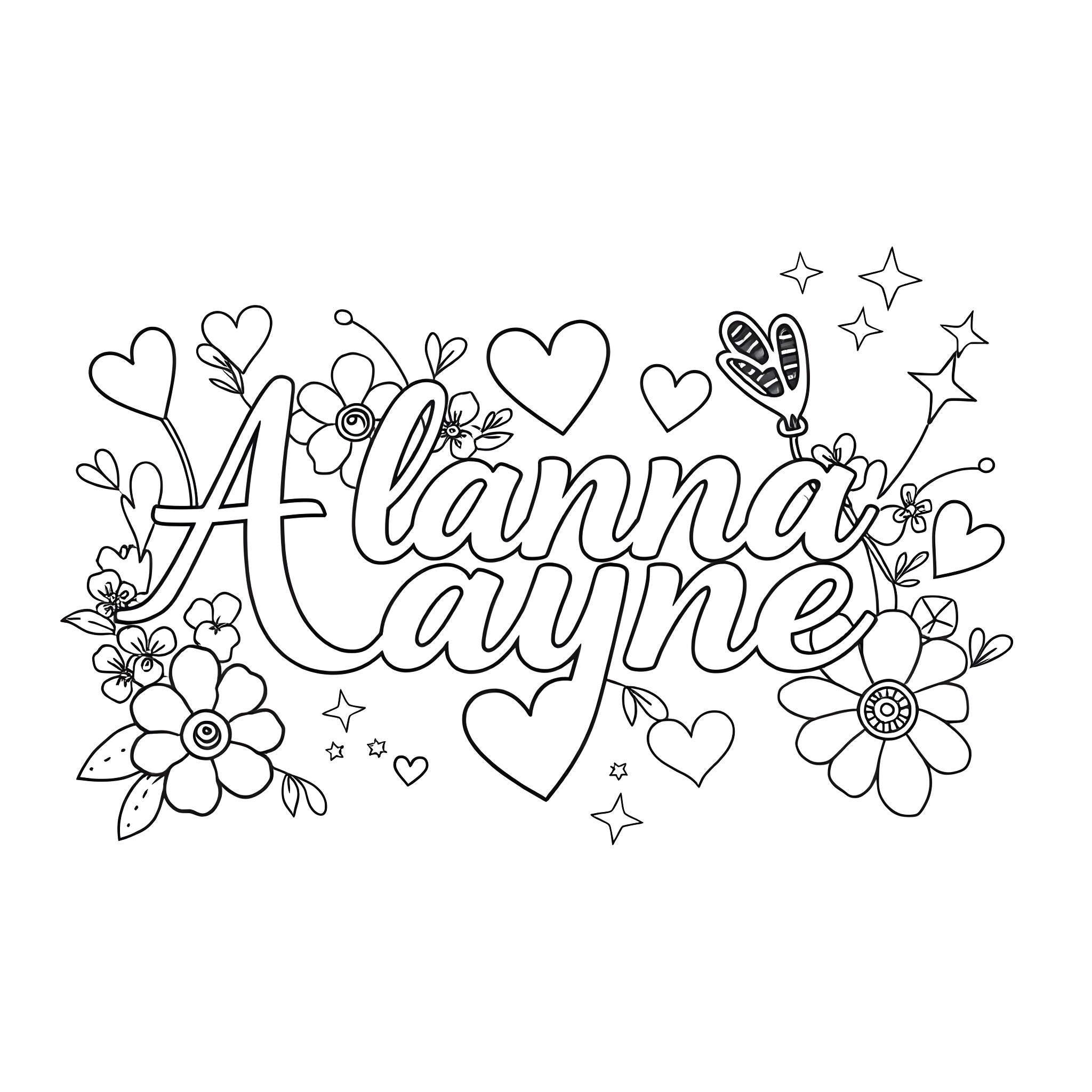 Font of floral hearts and stars Coloring Page (free black-and-white line drawing printable PDF for all, from beginners to advanced learners, including children, teens, adults, and seniors)