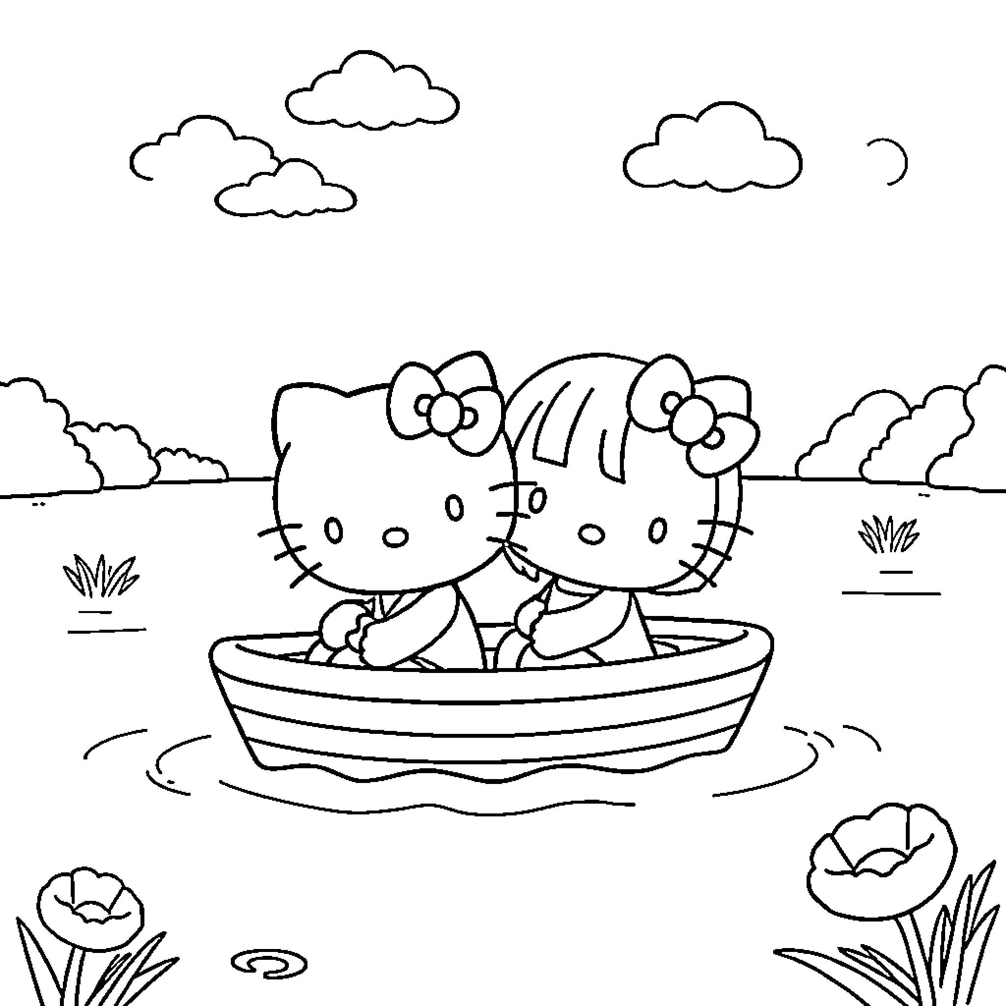 Hello Kitty boating in the serene landscape Coloring Page (free black-and-white line drawing printable PDF for all, from beginners to advanced learners, including children, teens, adults, and seniors)