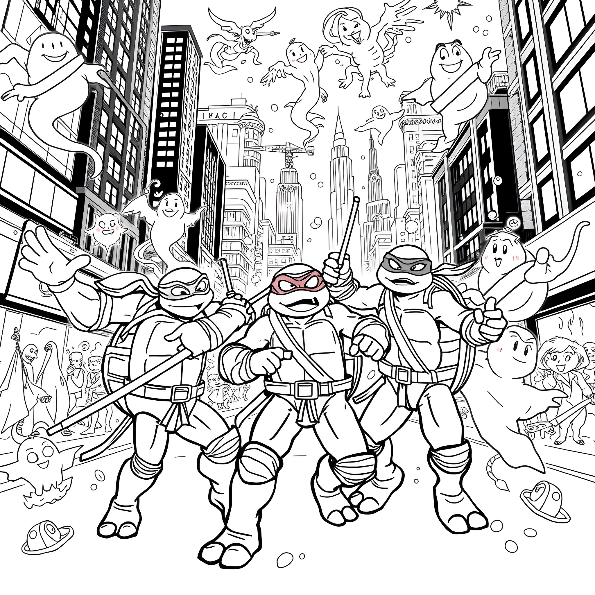 Teenage Mutant Ninja Turtles in Action in the Big City Coloring Page (free black-and-white line drawing printable PDF for all, from beginners to advanced learners, including children, teens, adults, and seniors)