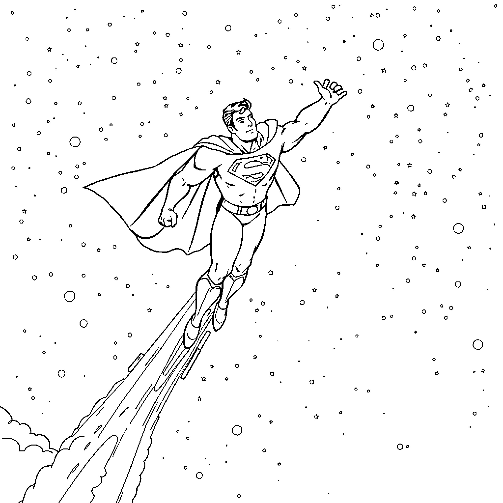 Superman soaring through the starry night sky Coloring Page (free black-and-white line drawing printable PDF for all, from beginners to advanced learners, including children, teens, adults, and seniors)